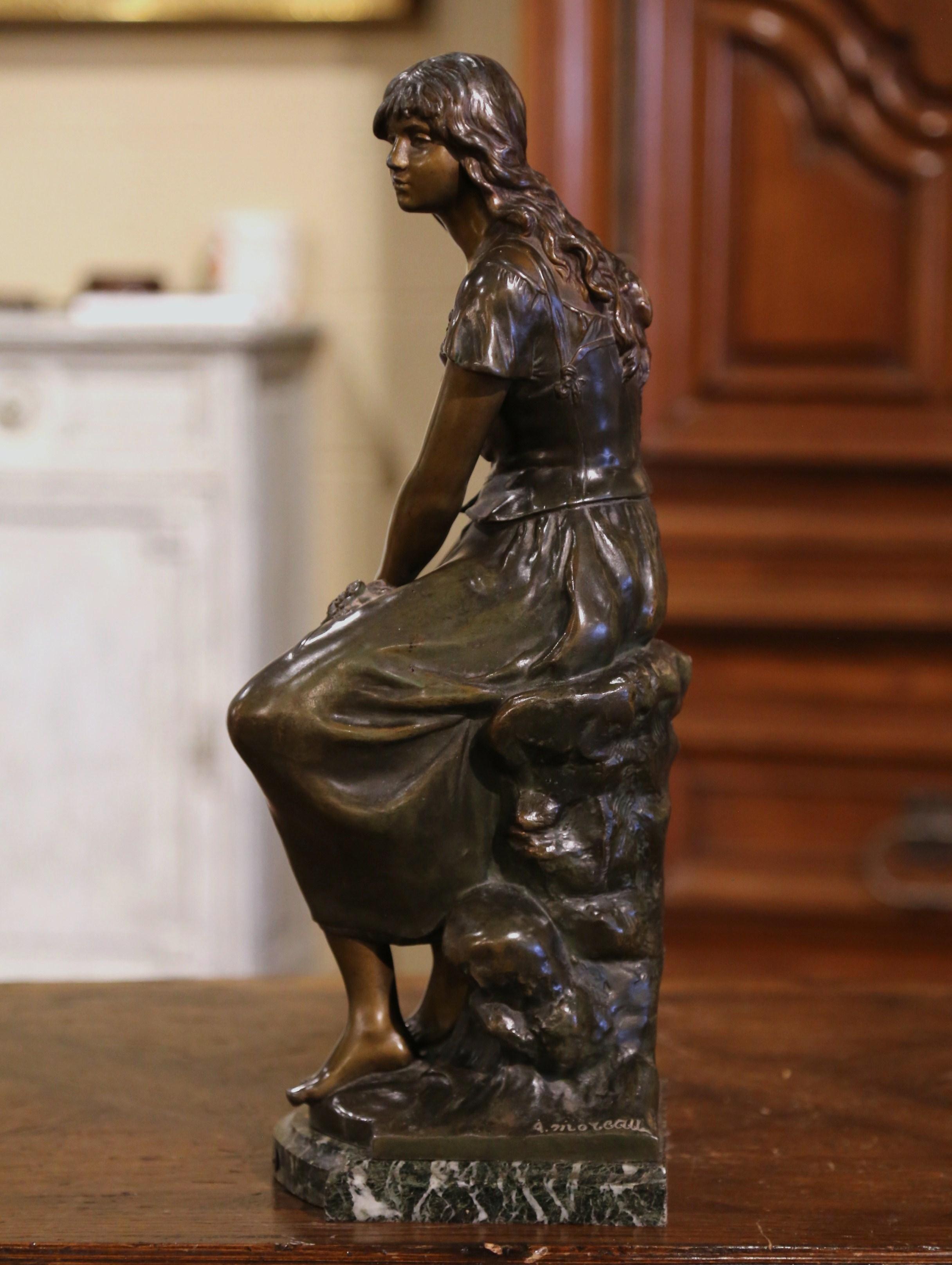 19th Century French Patinated Spelter Sculpture of Young Woman Signed A. Moreau For Sale 1