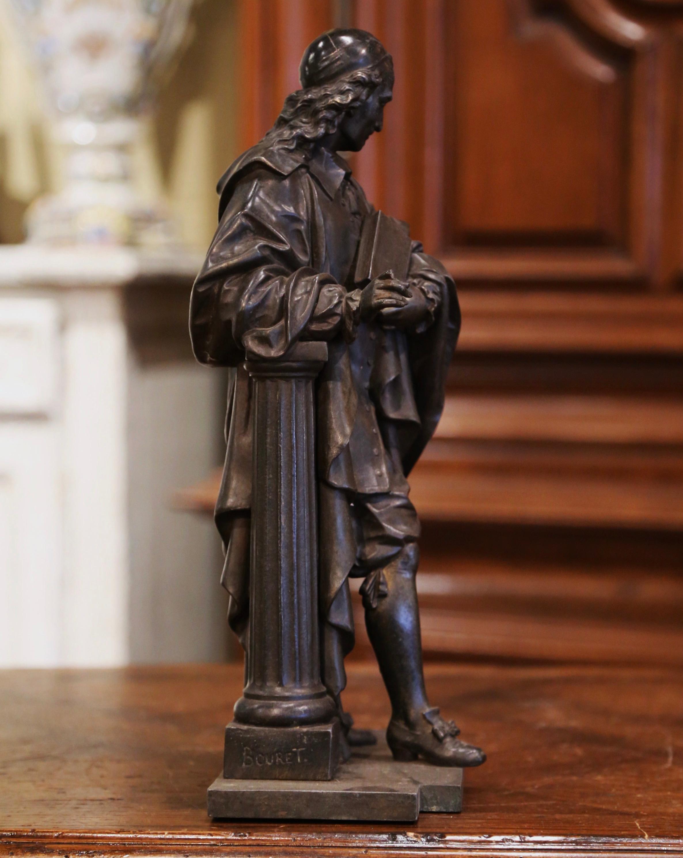 Decorate a study or office with this elegant antique statue. Crafted in France circa 1870 and built of metal, the figure depicts the cardinal Mazarin in formal clothing and holding a Bible. The sculpture is in excellent condition commensurate with