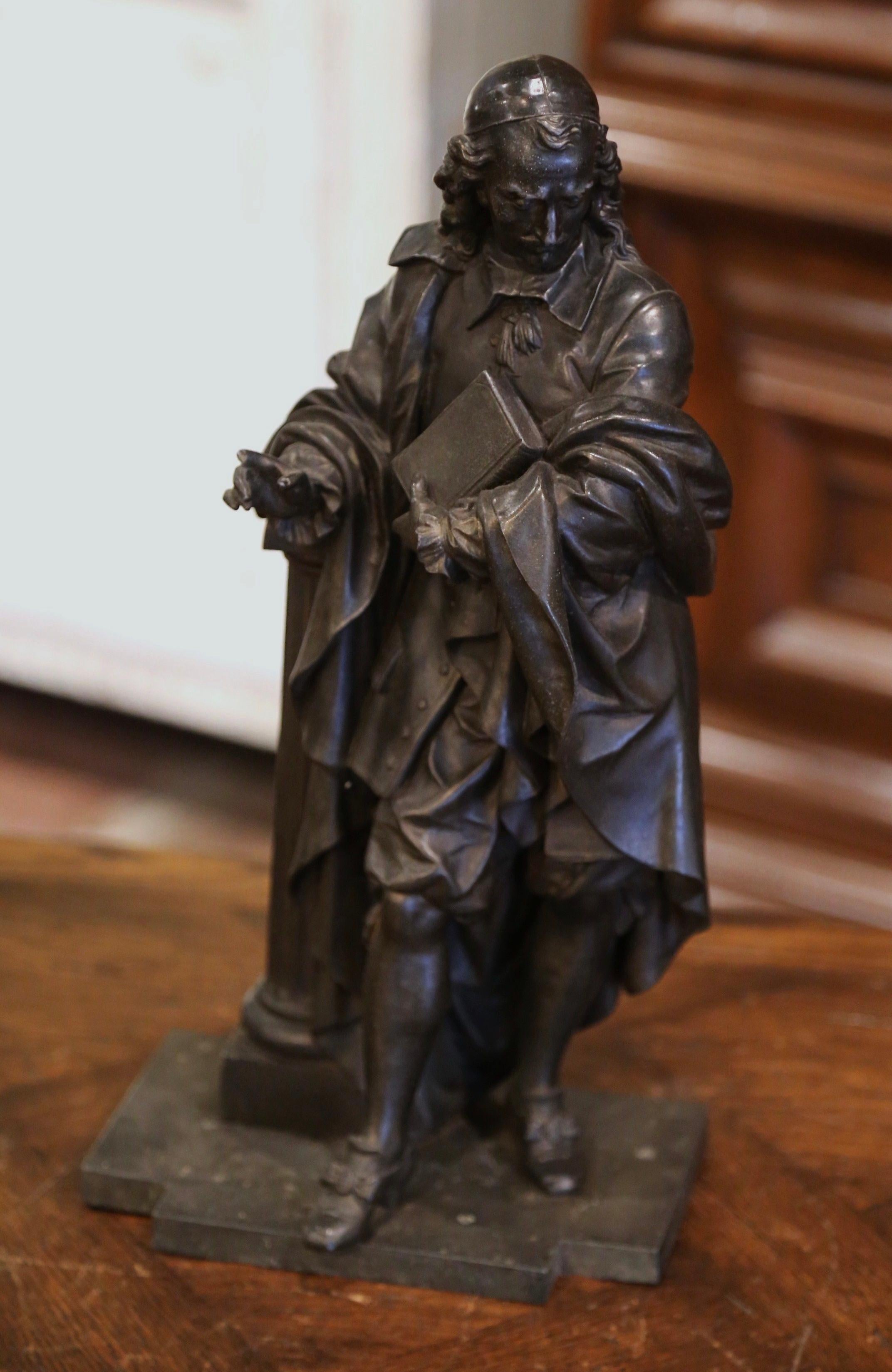 19th Century French Patinated Spelter Statue of Cardinal Mazarin In Fair Condition For Sale In Dallas, TX