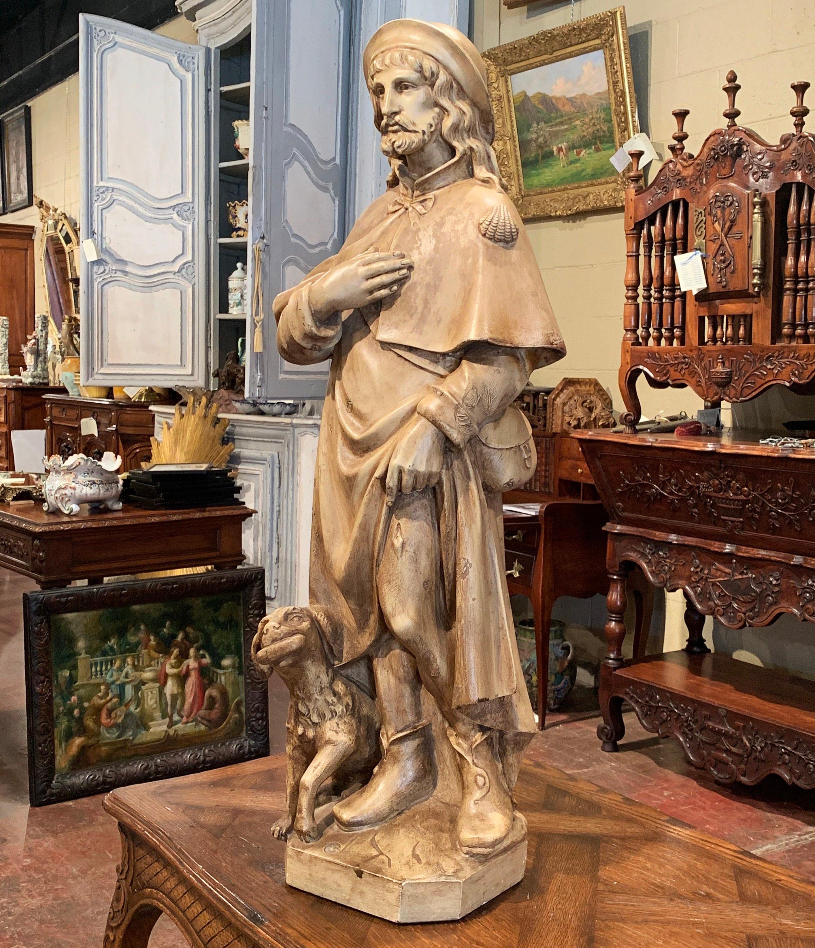 Hand-Crafted 19th Century French Patinated Terracotta Sculpture of Saint Roch with Savior Dog