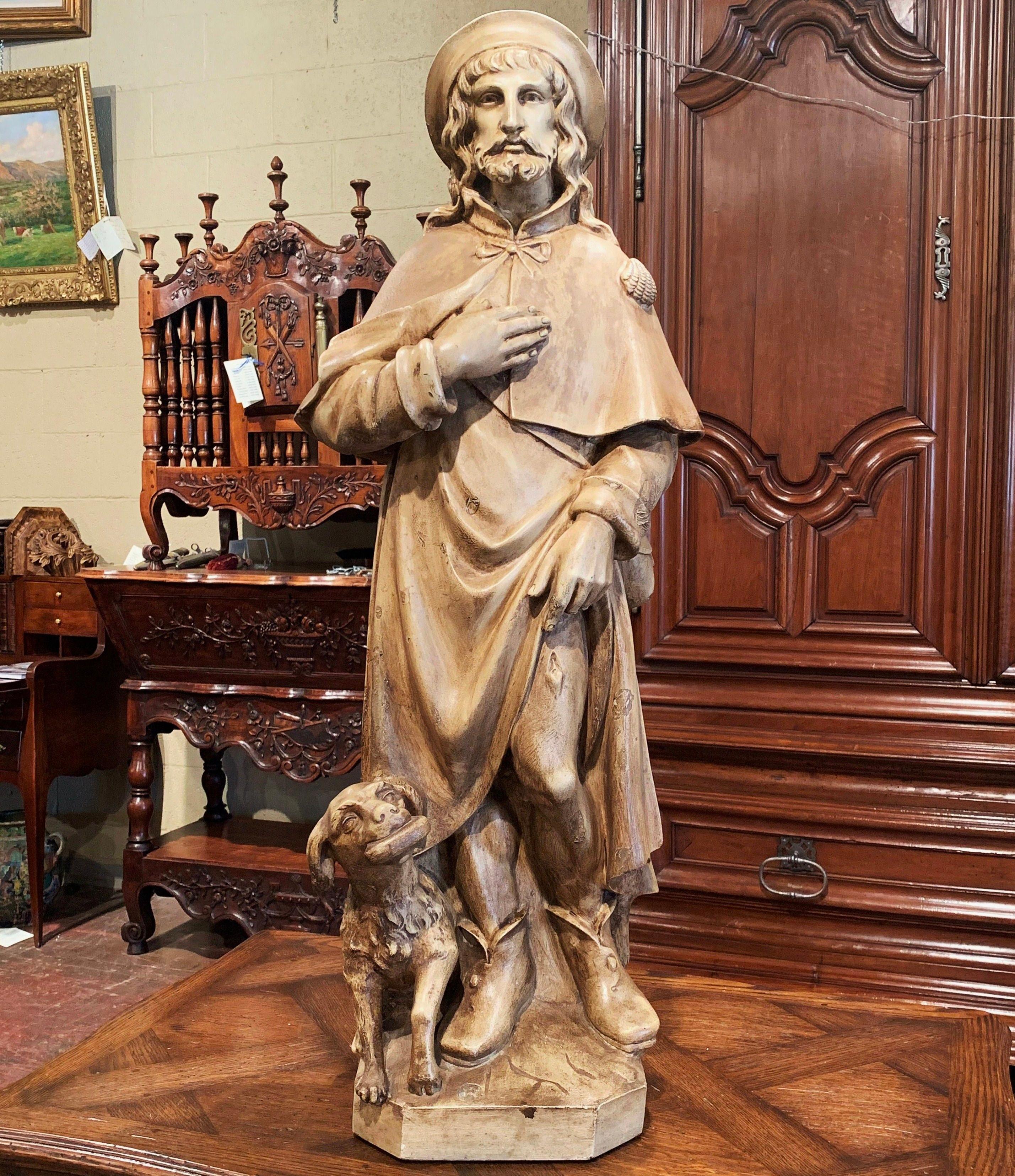 19th Century French Patinated Terracotta Sculpture of Saint Roch with Savior Dog In Excellent Condition In Dallas, TX
