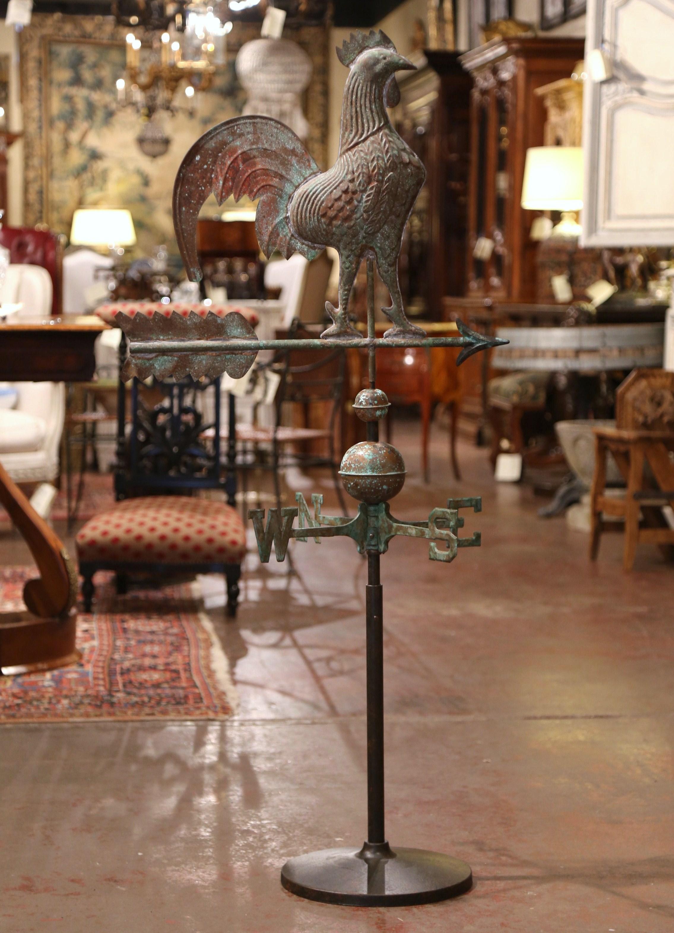 19th Century French Patinated Tole Rooster Weather Vane with the Cardinal Points In Excellent Condition In Dallas, TX