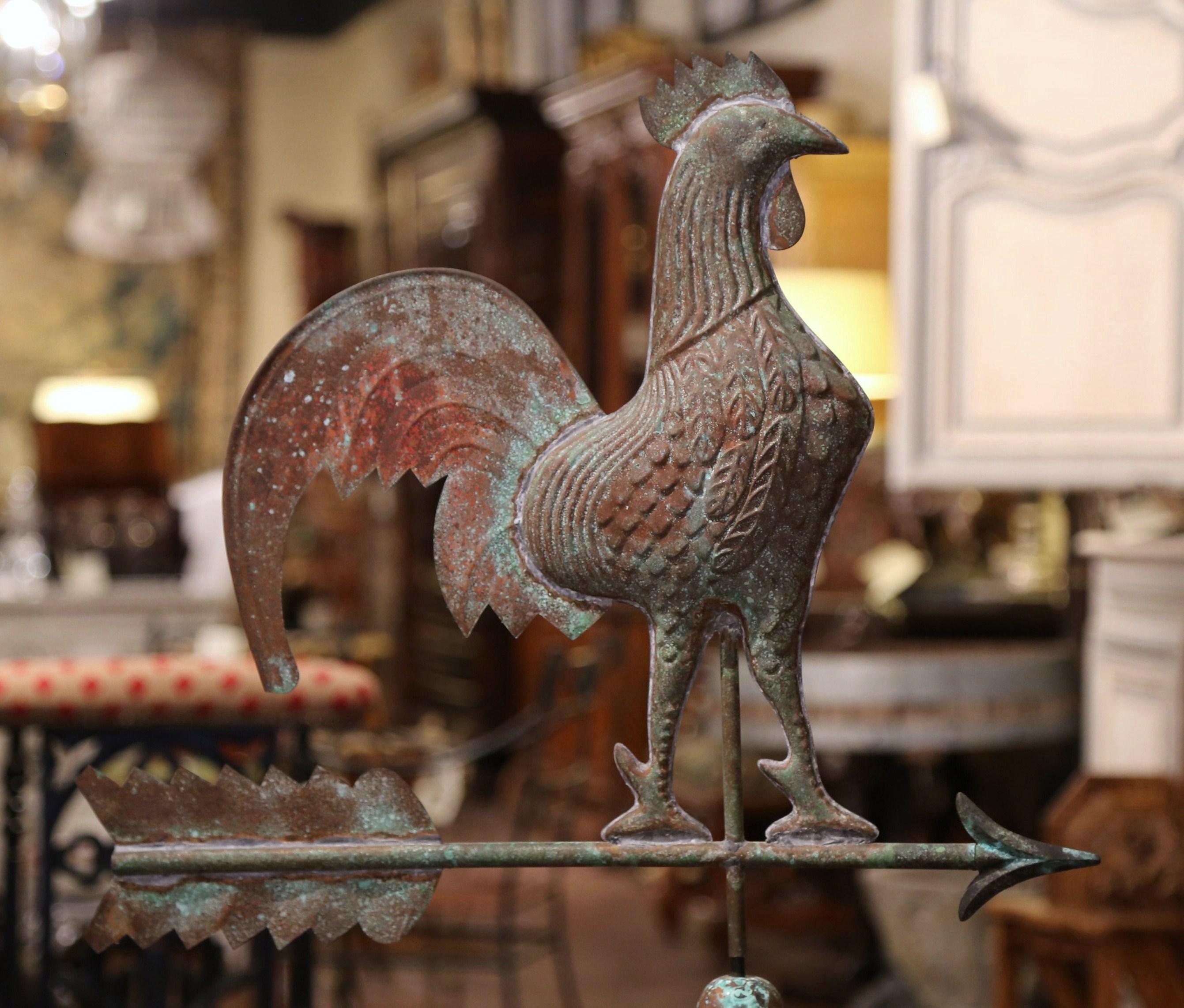 Metal 19th Century French Patinated Tole Rooster Weather Vane with the Cardinal Points