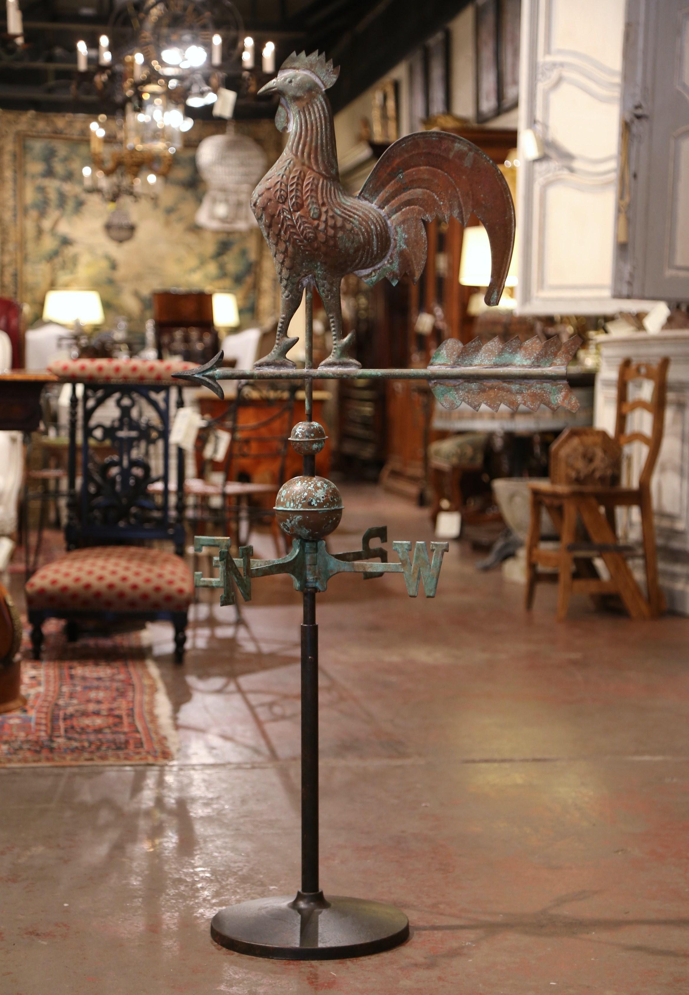 19th Century French Patinated Tole Rooster Weather Vane with the Cardinal Points 1