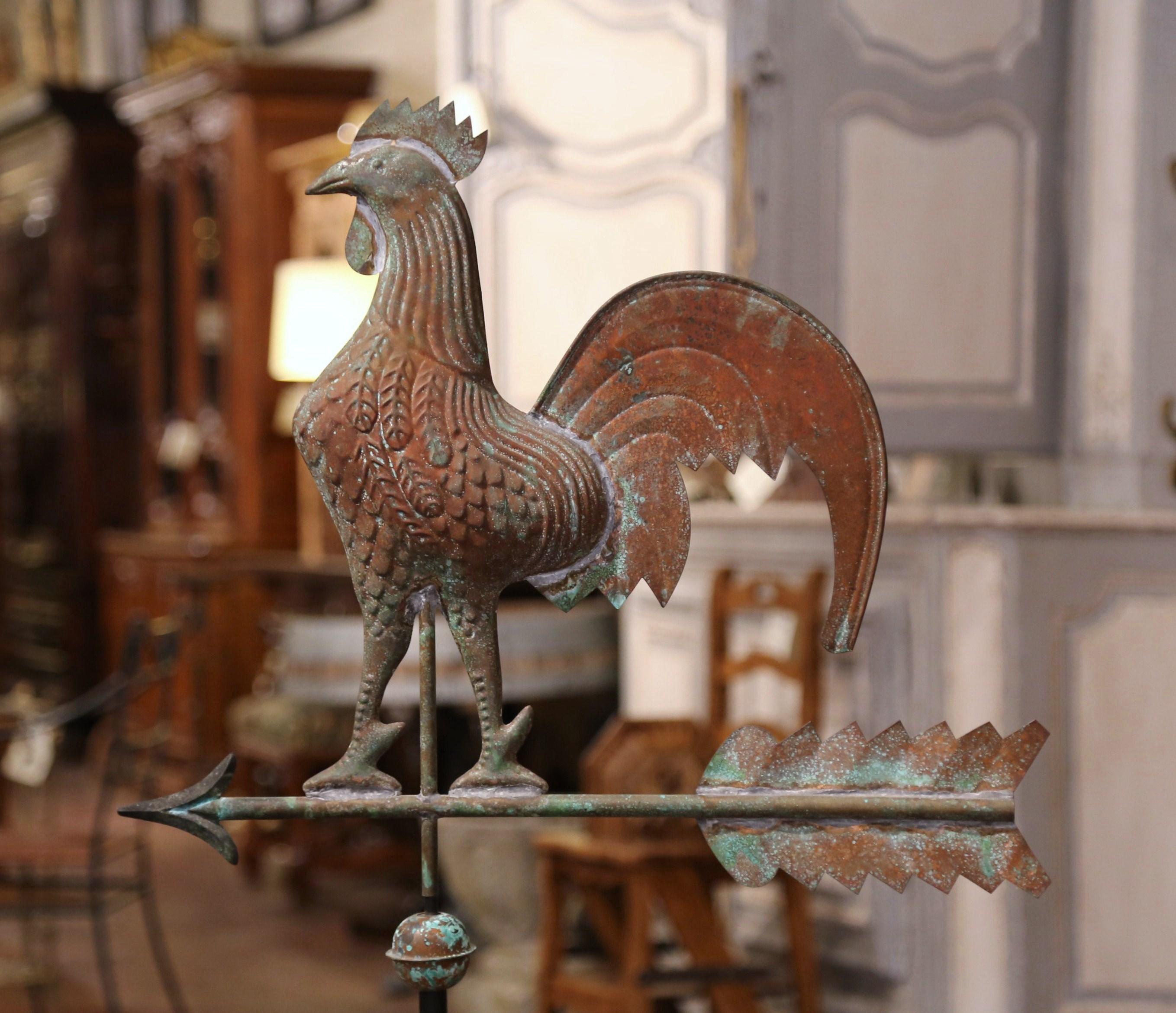 19th Century French Patinated Tole Rooster Weather Vane with the Cardinal Points 2