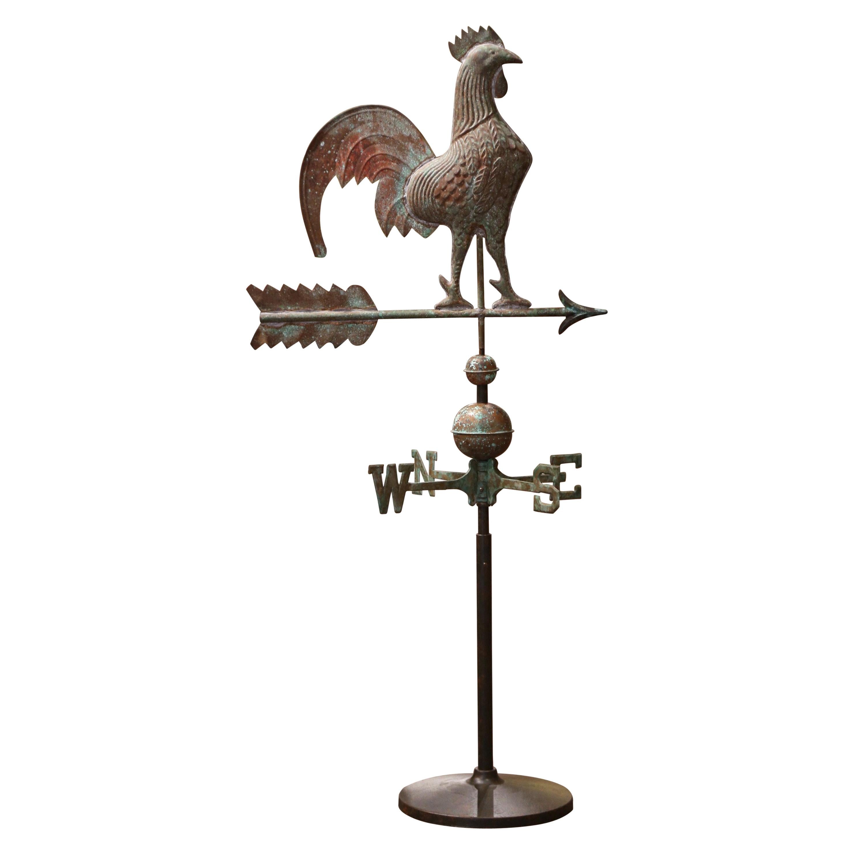 19th Century French Patinated Tole Rooster Weather Vane with the Cardinal Points
