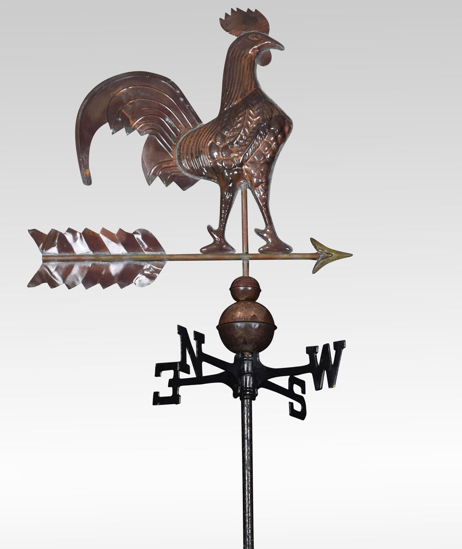 The traditional weather vane features a Classic swivel French rooster standing on an arrow; below, the four points of the compass which swivel according to wind direction.
Dimensions
Height 54 inches
Width 24 inches
Depth 24 inches.
