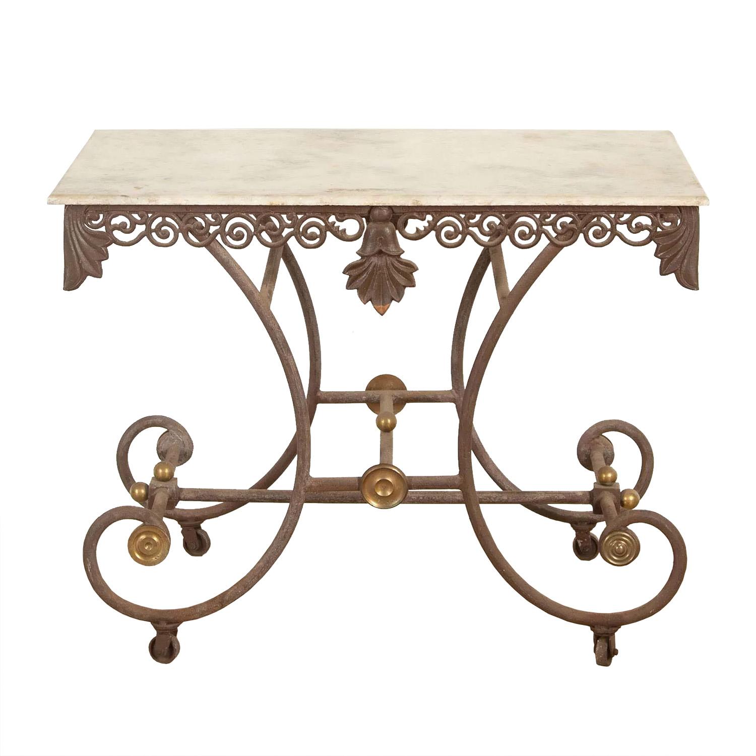 19th century patisserie table with a decorative design border scrolled border featuring an acanthus leaf decoration to the corners and centre. This piece has a good time worn patina and original marble.