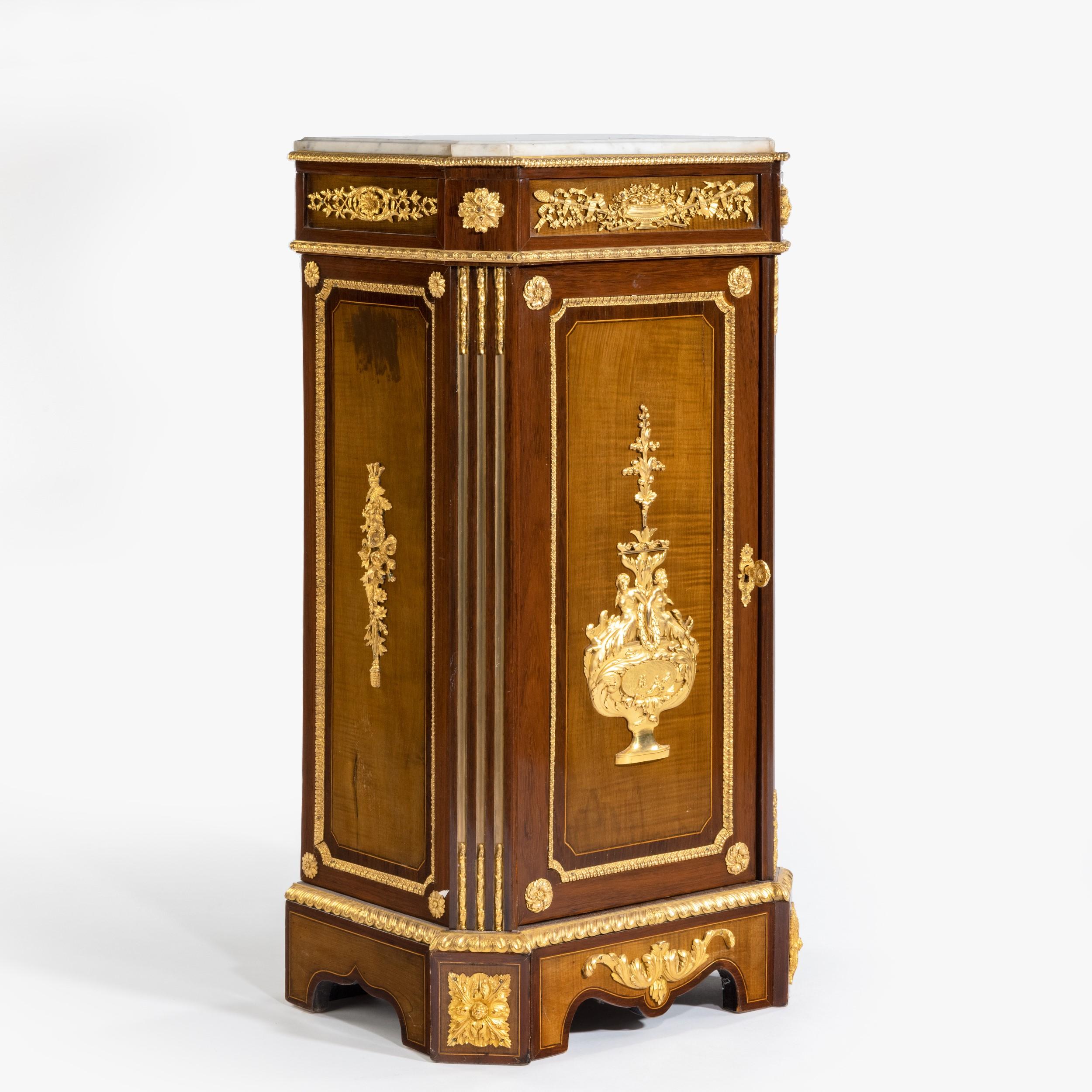 Gilt 19th Century French Pedestal Cabinet with Carrara Marble Top by Befort Jeune
