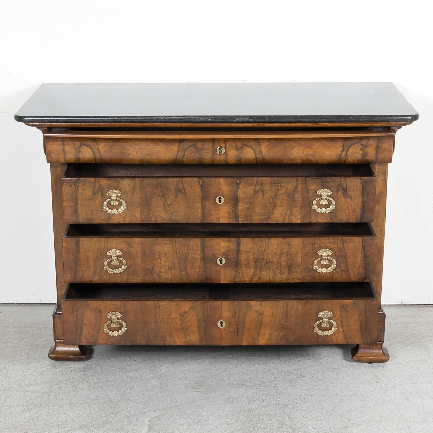 Bronze 19th Century French Period Louis Philippe Walnut Marble Top Commode 