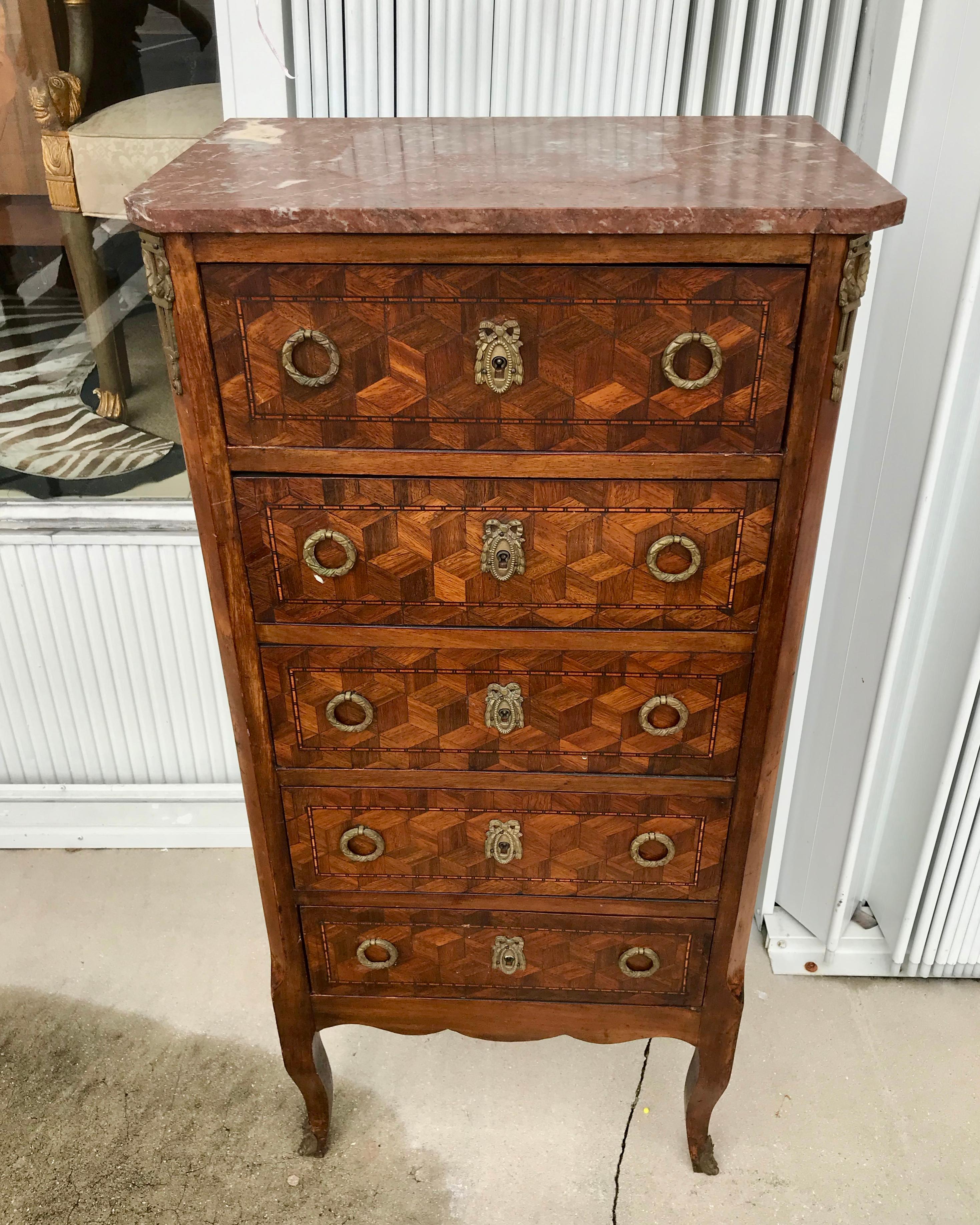 Parquetry 19th Century French Petite 5 Drawer Chest