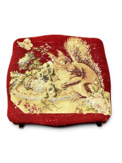 19th Century French Petite Black Painted Footstool with Squirrel Tapestry