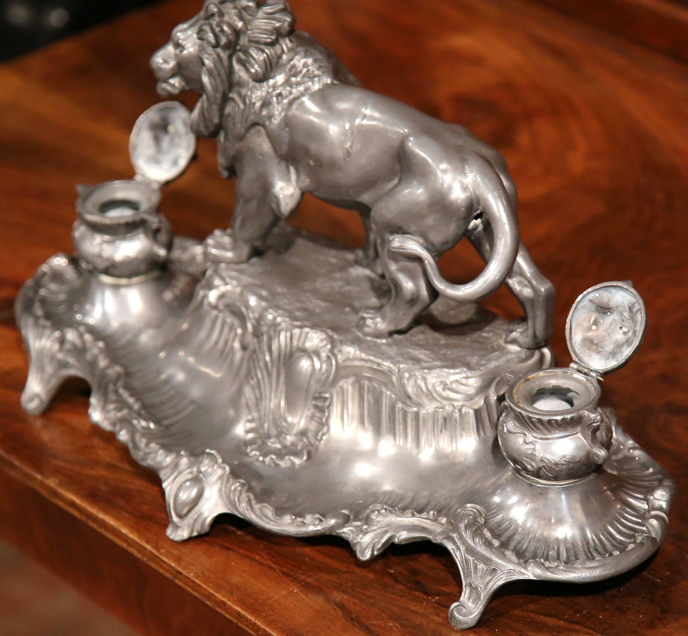 Louis XV 19th Century French Pewter Inkwell with Lion Sculpture Signed A. Bossu For Sale