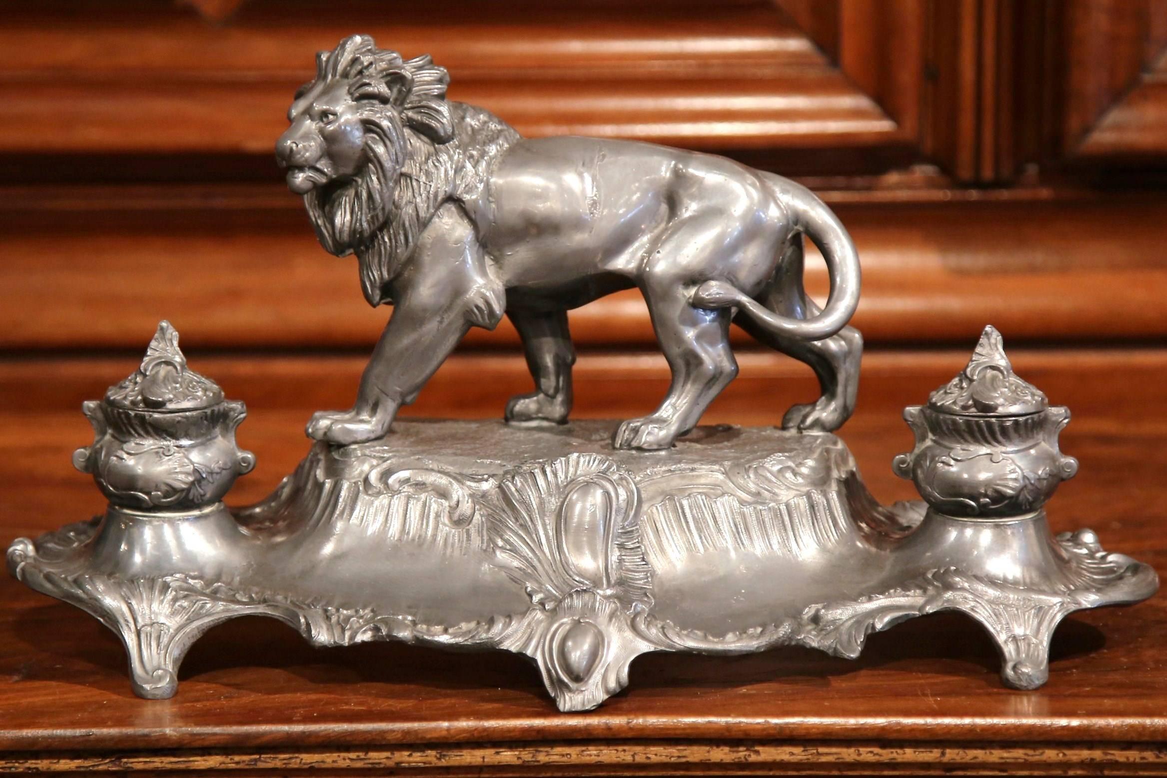 Hand-Crafted 19th Century French Pewter Inkwell with Lion Sculpture Signed A. Bossu For Sale