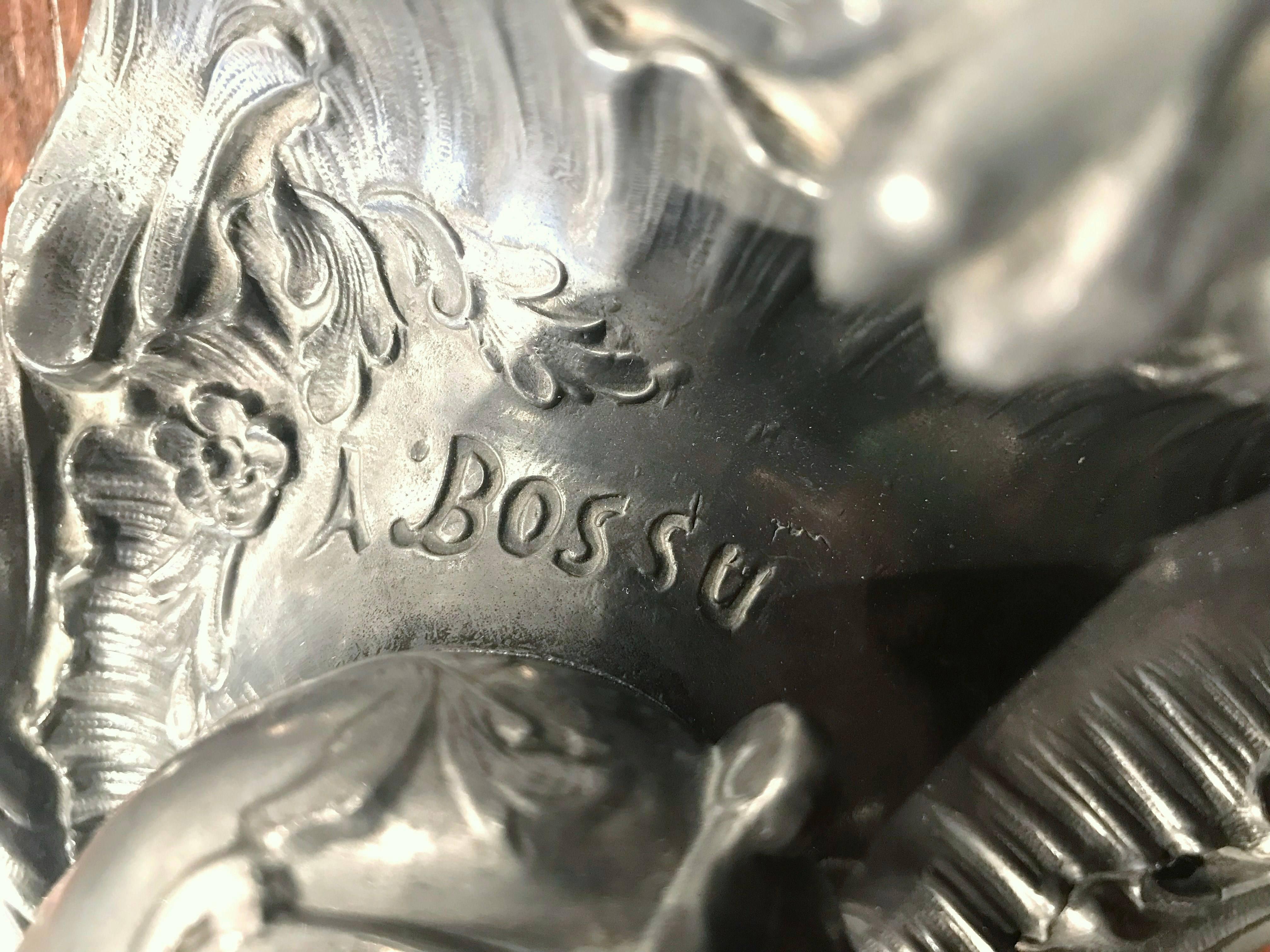 19th Century French Pewter Inkwell with Lion Sculpture Signed A. Bossu For Sale 2