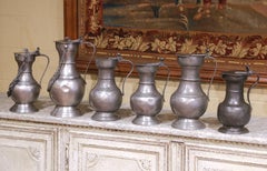 19th Century French Pewter Lidded Measures with Chain Handles, Set of Six