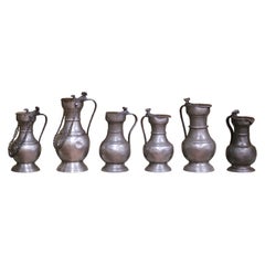 19th Century French Pewter Lidded Measures with Chain Handles, Set of Six