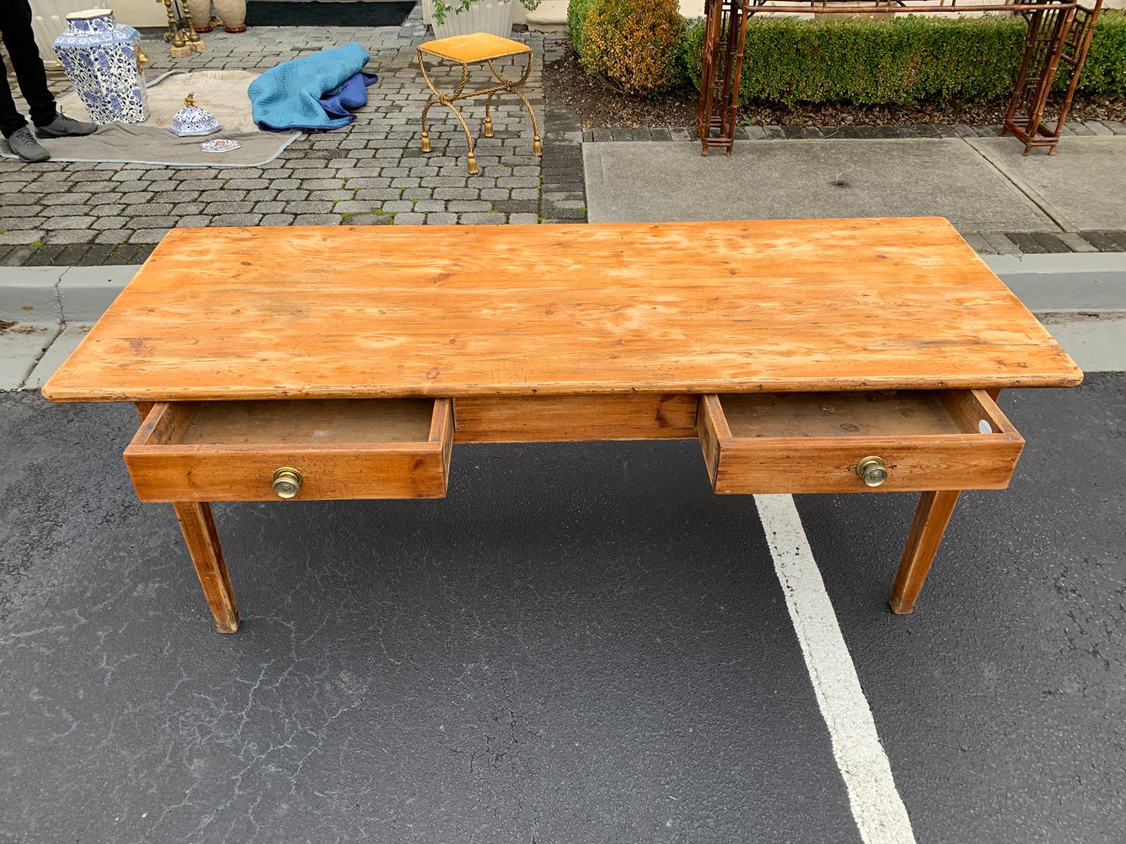 19th Century French Pine Farm Table with Two Drawers 12