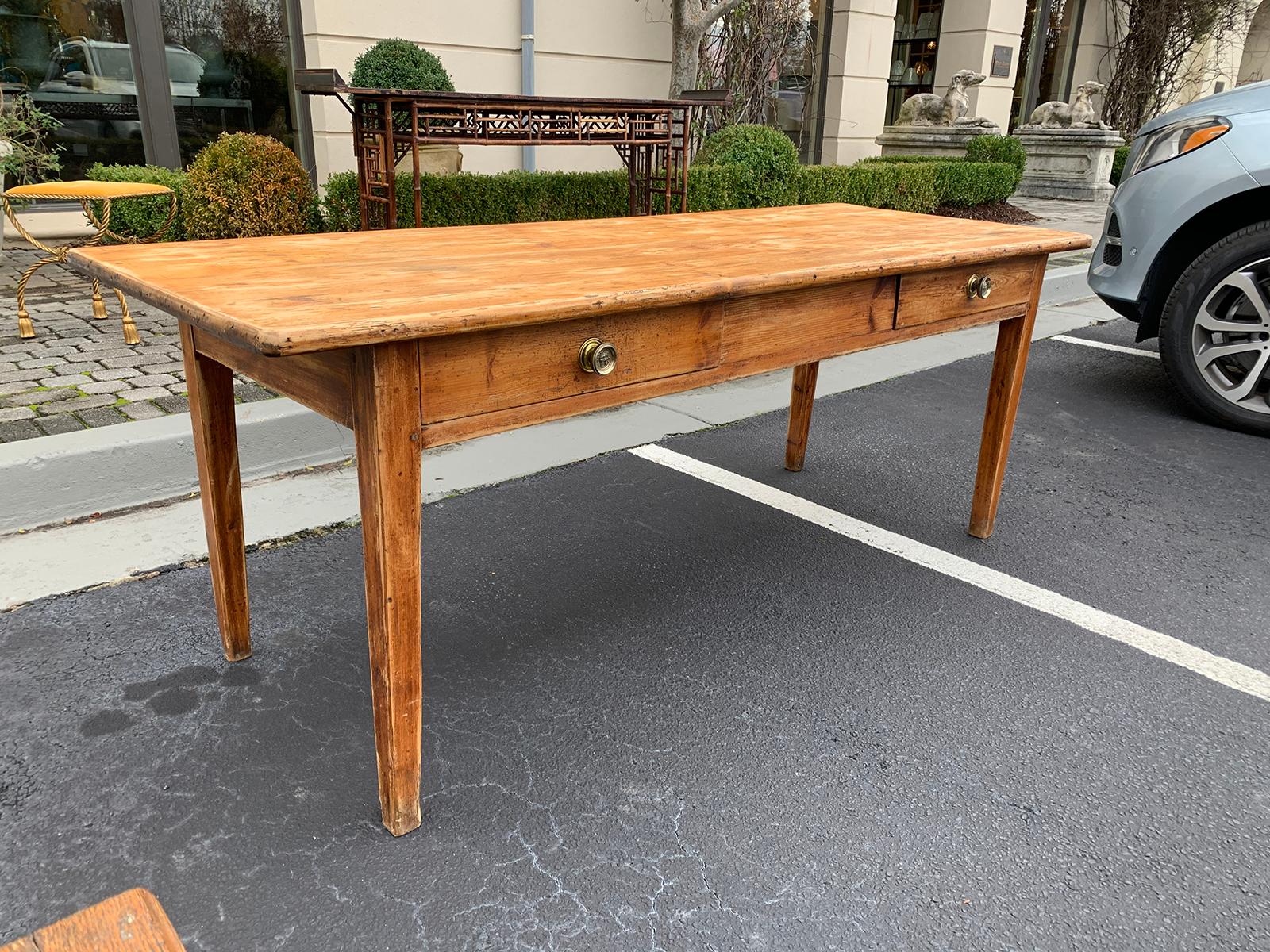 19th Century French Pine Farm Table with Two Drawers 3