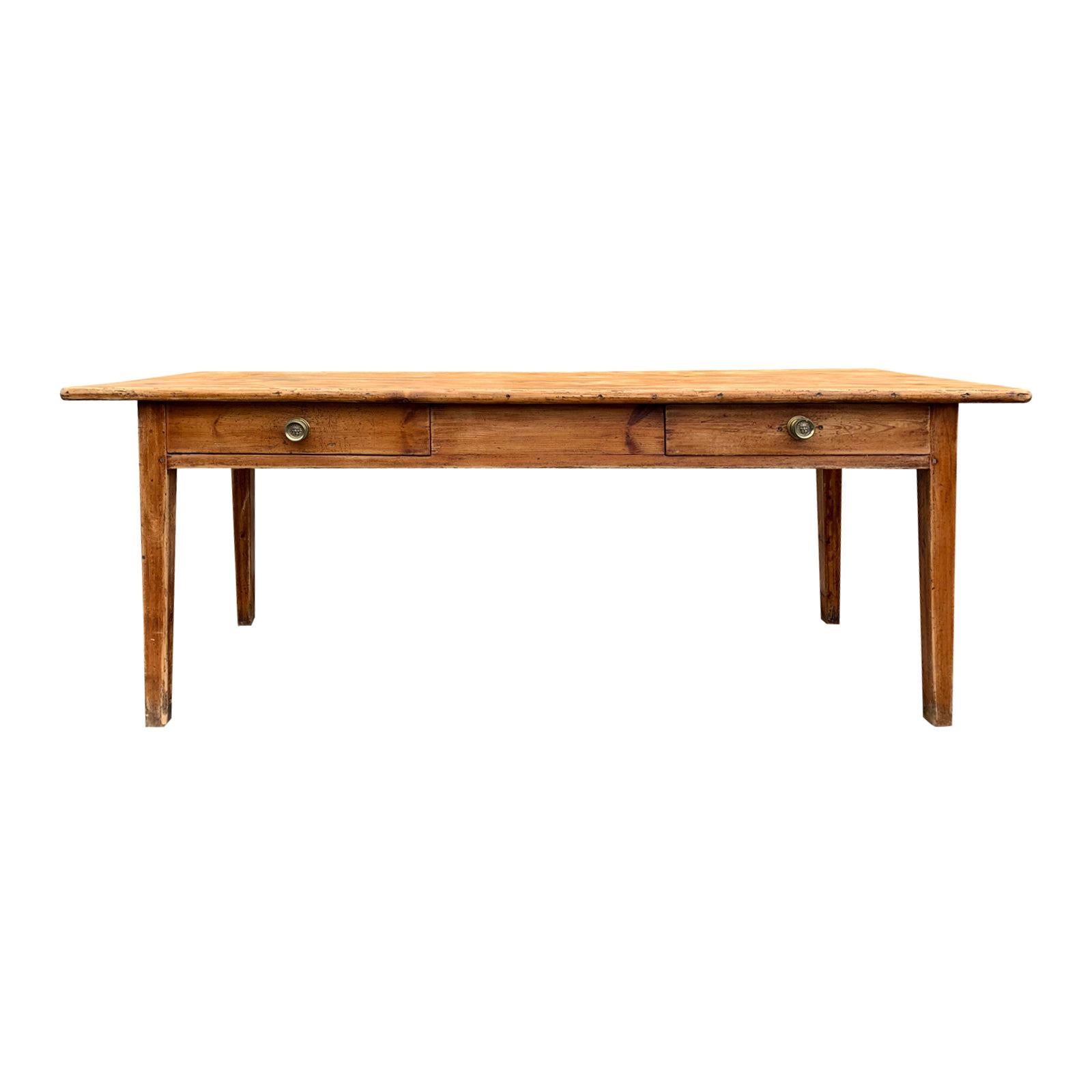 19th Century French Pine Farm Table with Two Drawers
