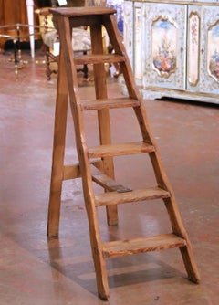 19th Century French Pine Folding Library Ladder with Six Steps