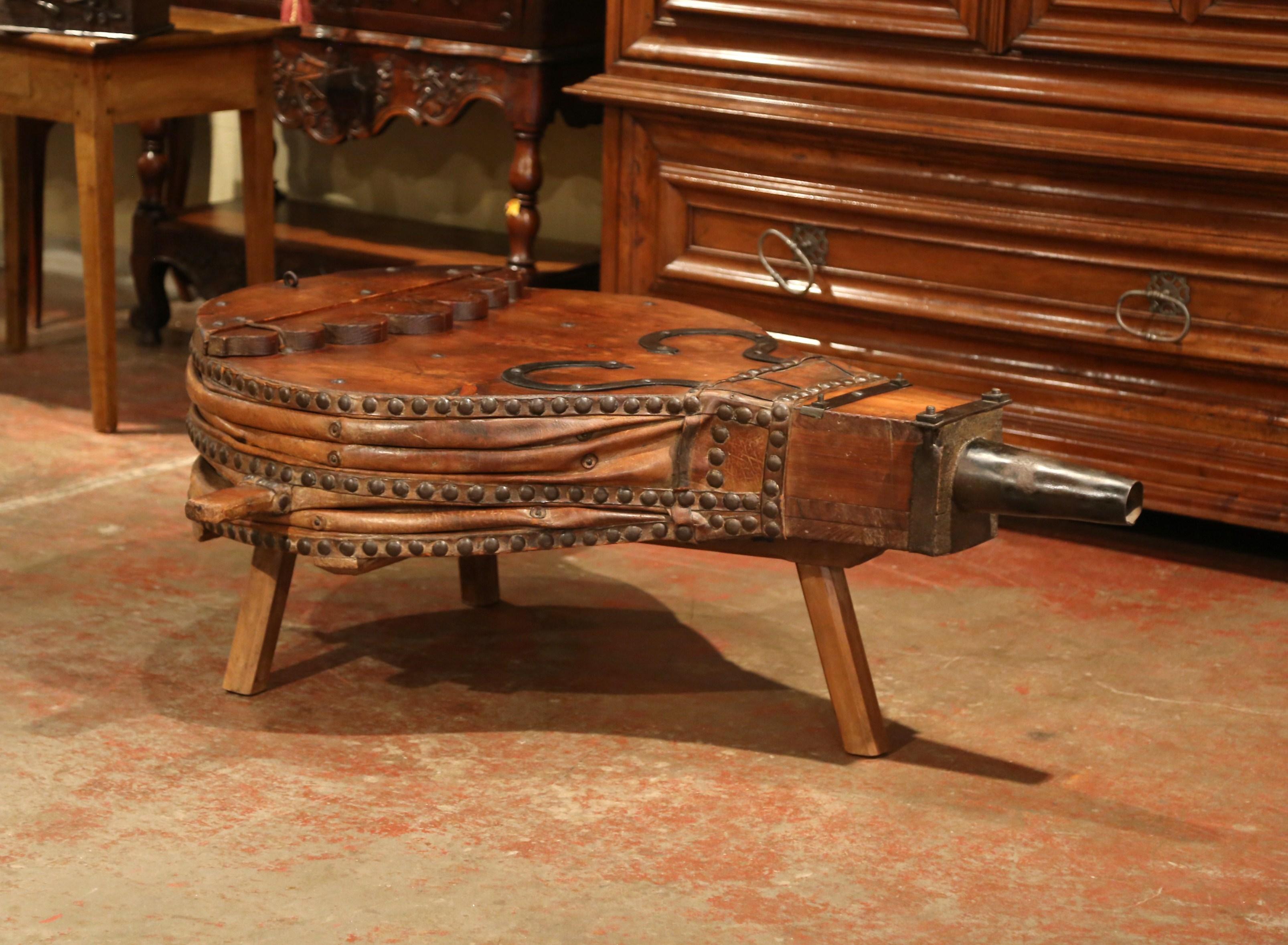 Rustic 19th Century French Pine Iron and Leather Blacksmith Bellows Coffee Table