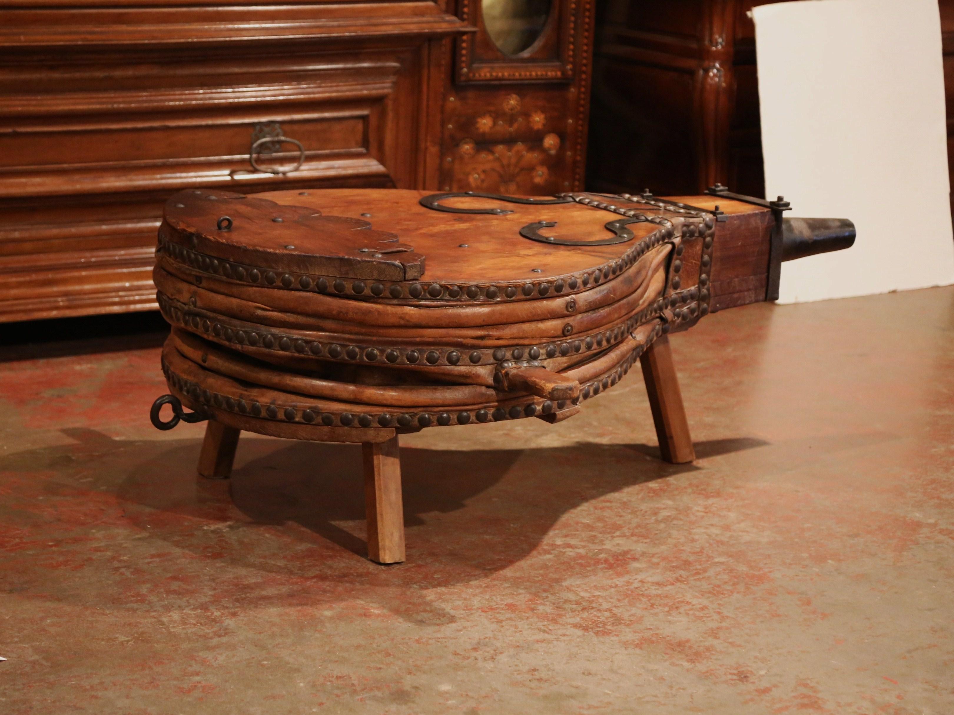 Hand-Carved 19th Century French Pine Iron and Leather Blacksmith Bellows Coffee Table