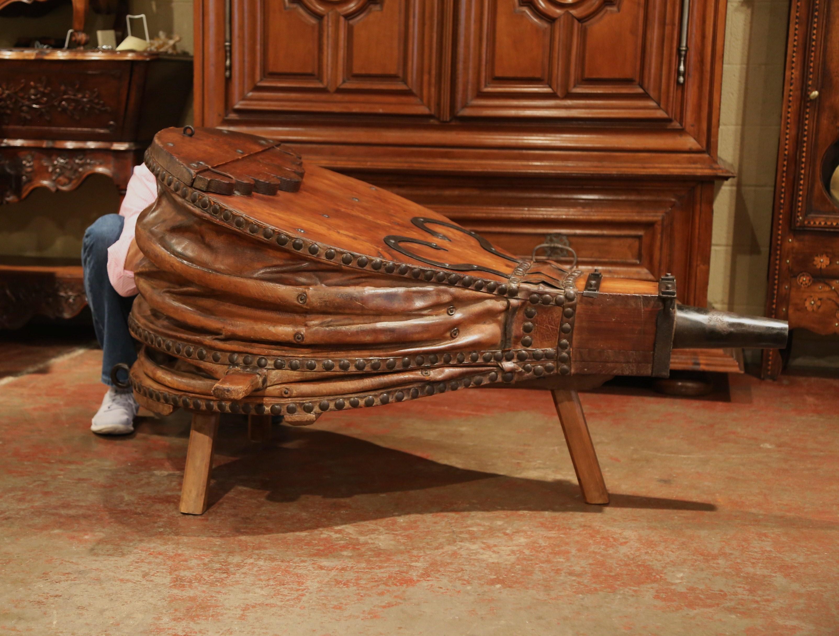 19th Century French Pine Iron and Leather Blacksmith Bellows Coffee Table In Excellent Condition In Dallas, TX