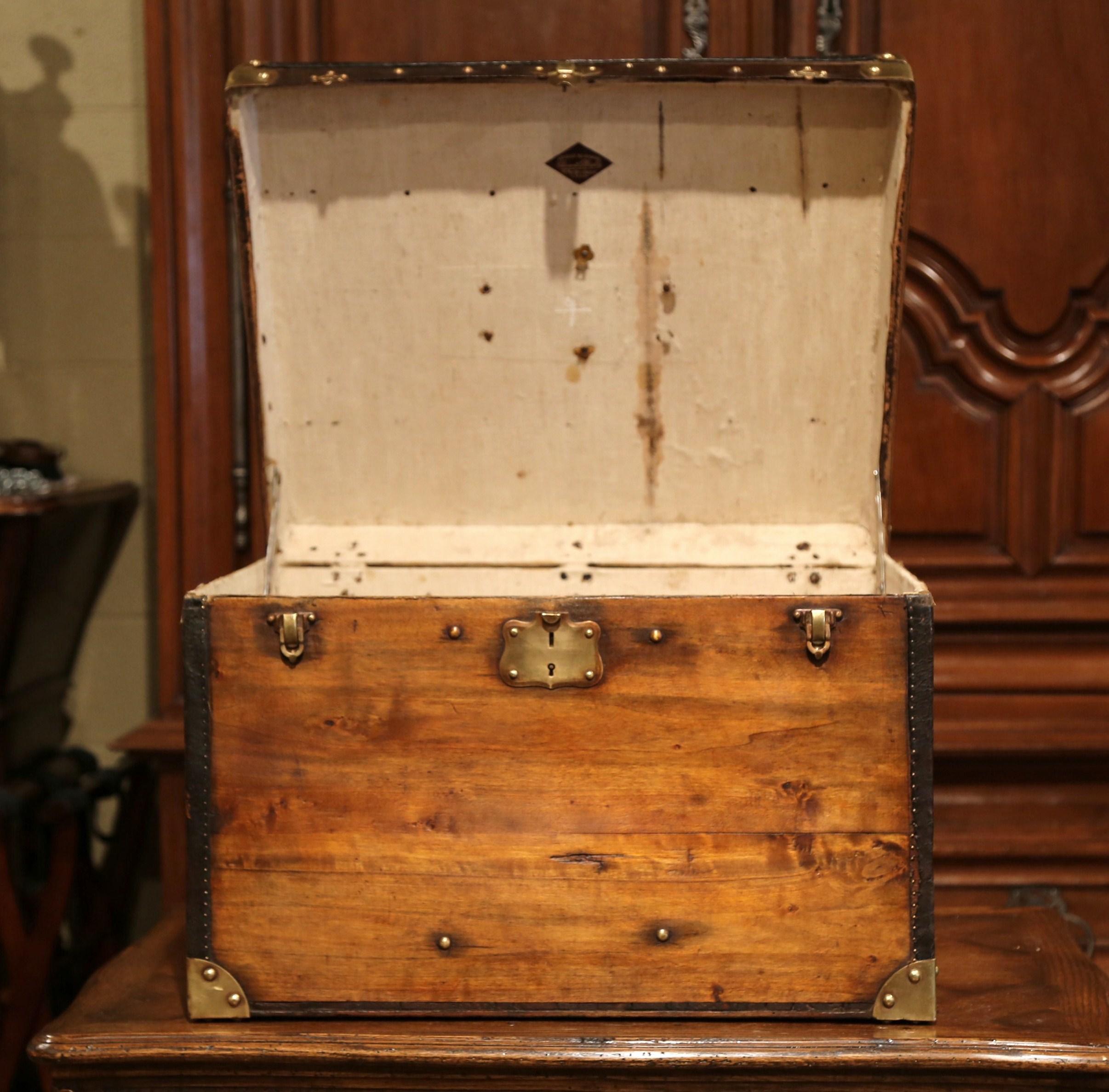 19th Century French Pine Leather and Brass Hat Trunk Luggage 5