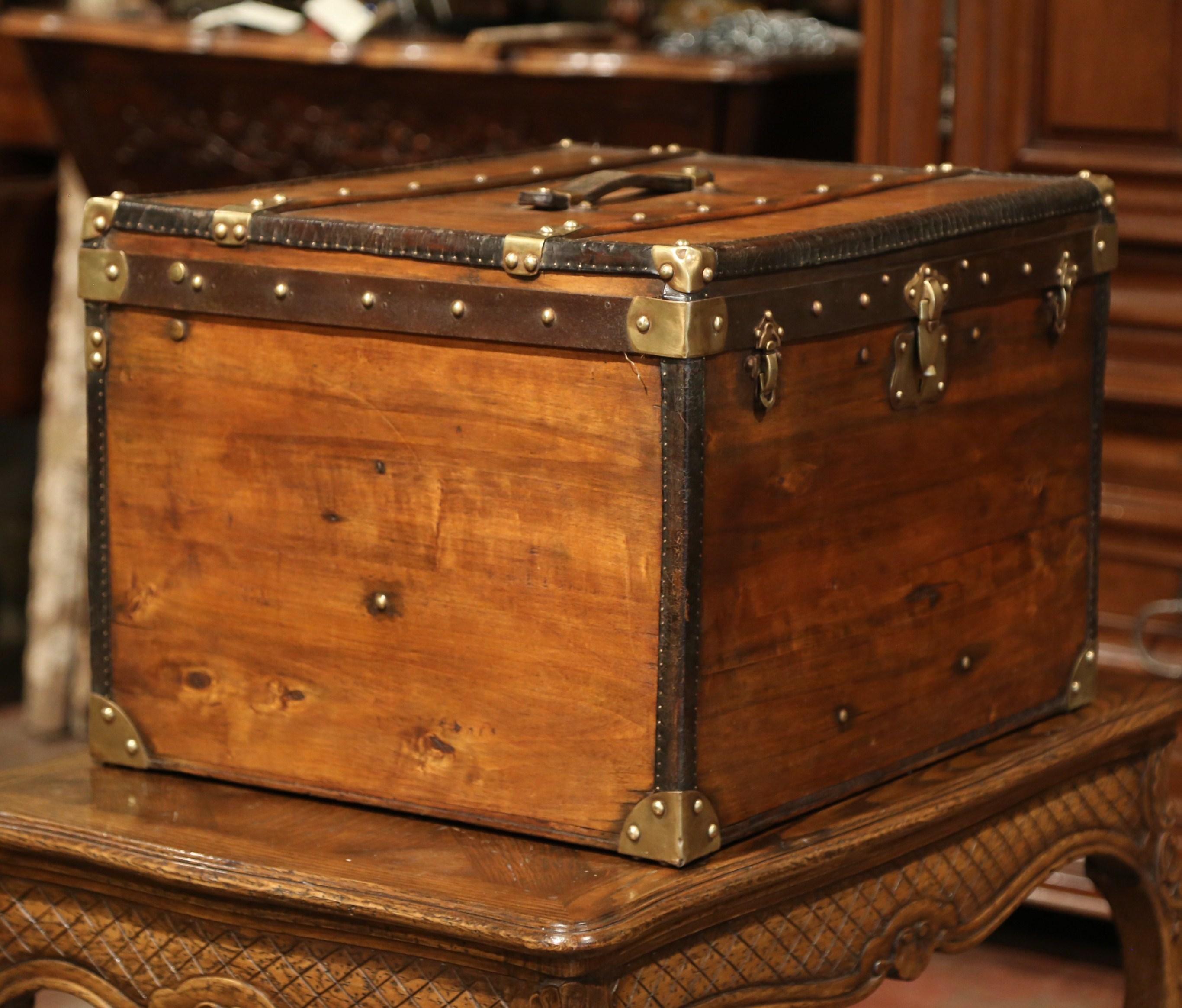 19th Century French Pine Leather and Brass Hat Trunk Luggage 6