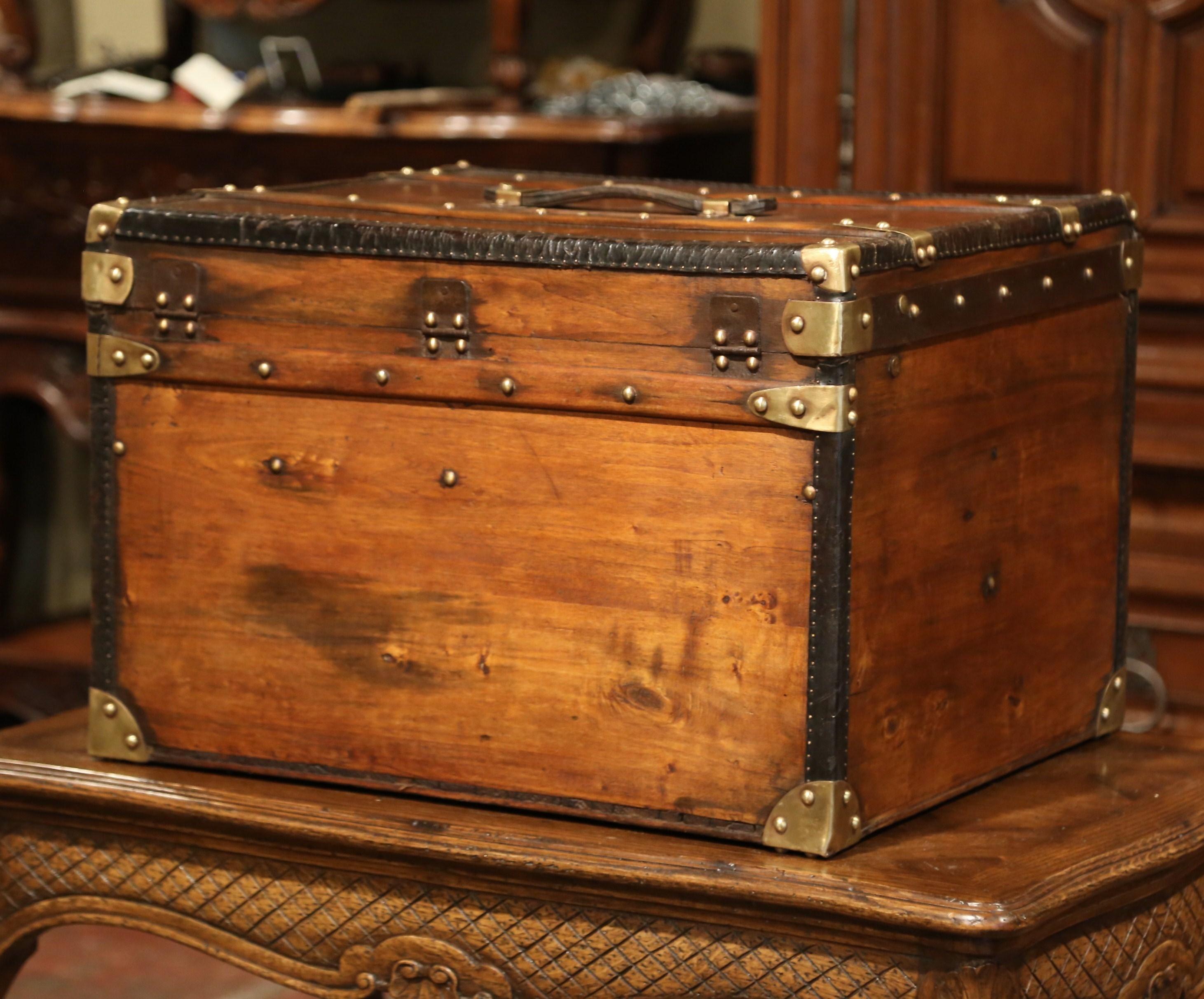19th Century French Pine Leather and Brass Hat Trunk Luggage 7