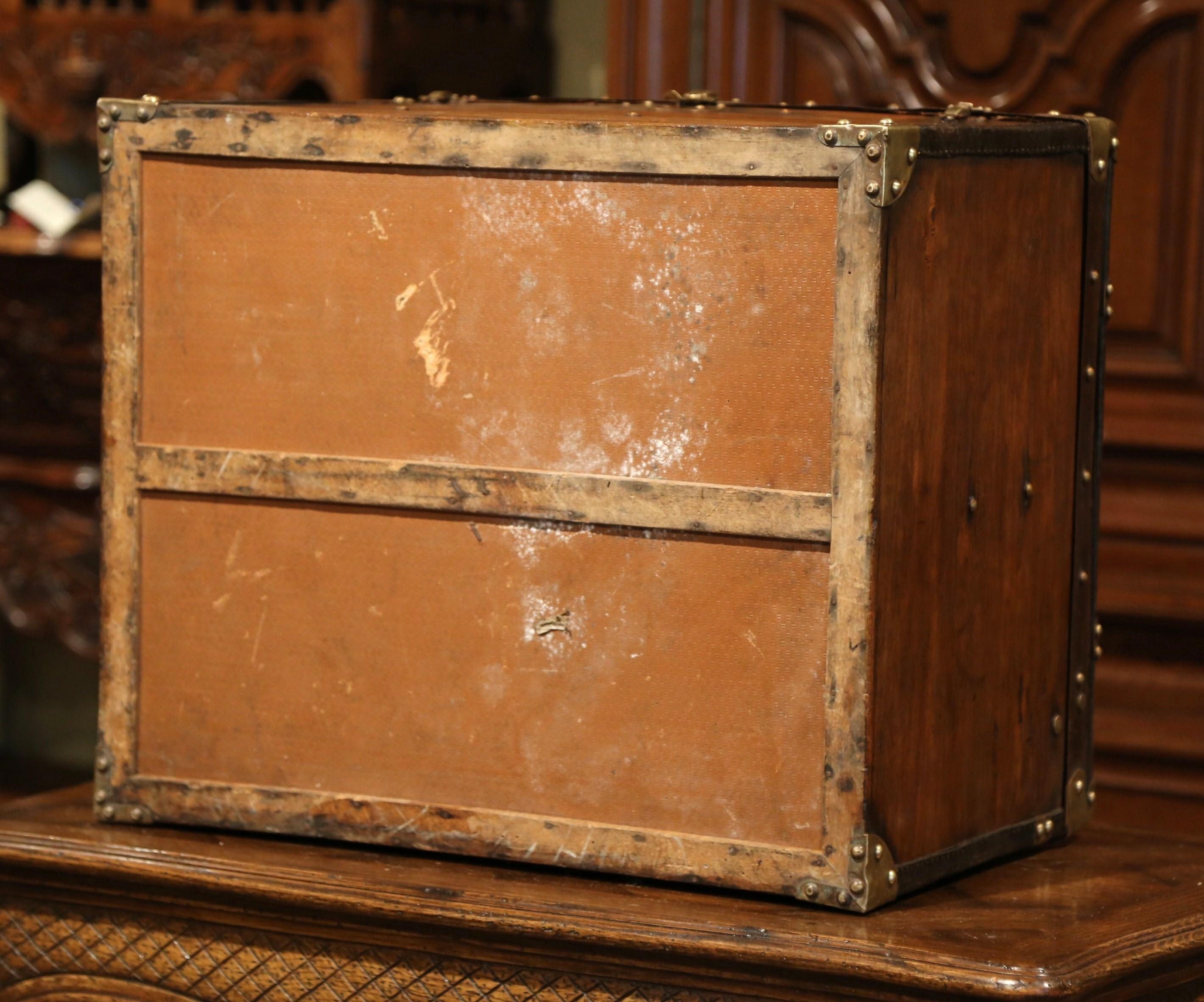 19th Century French Pine Leather and Brass Hat Trunk Luggage 8