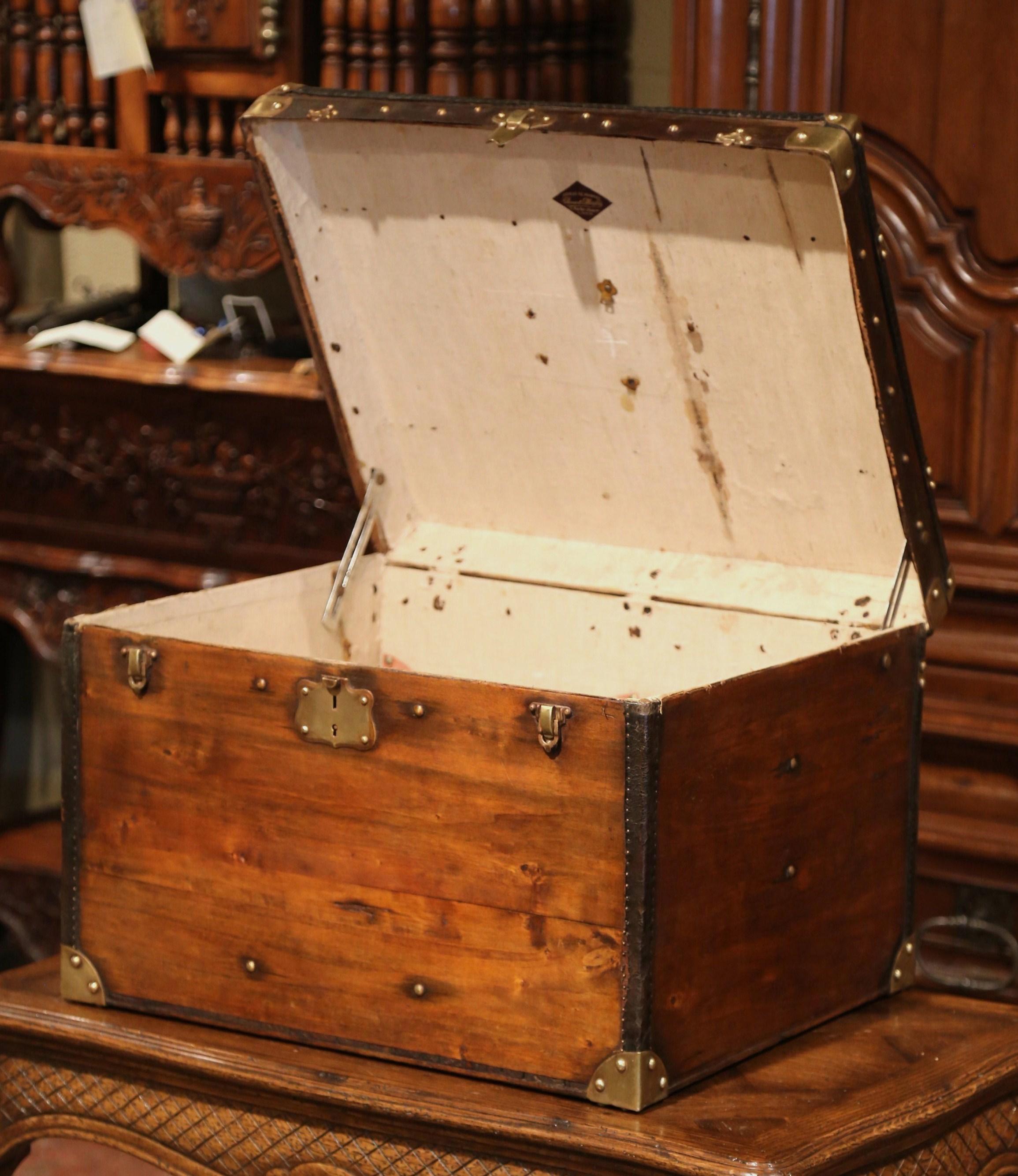 Hand-Crafted 19th Century French Pine Leather and Brass Hat Trunk Luggage