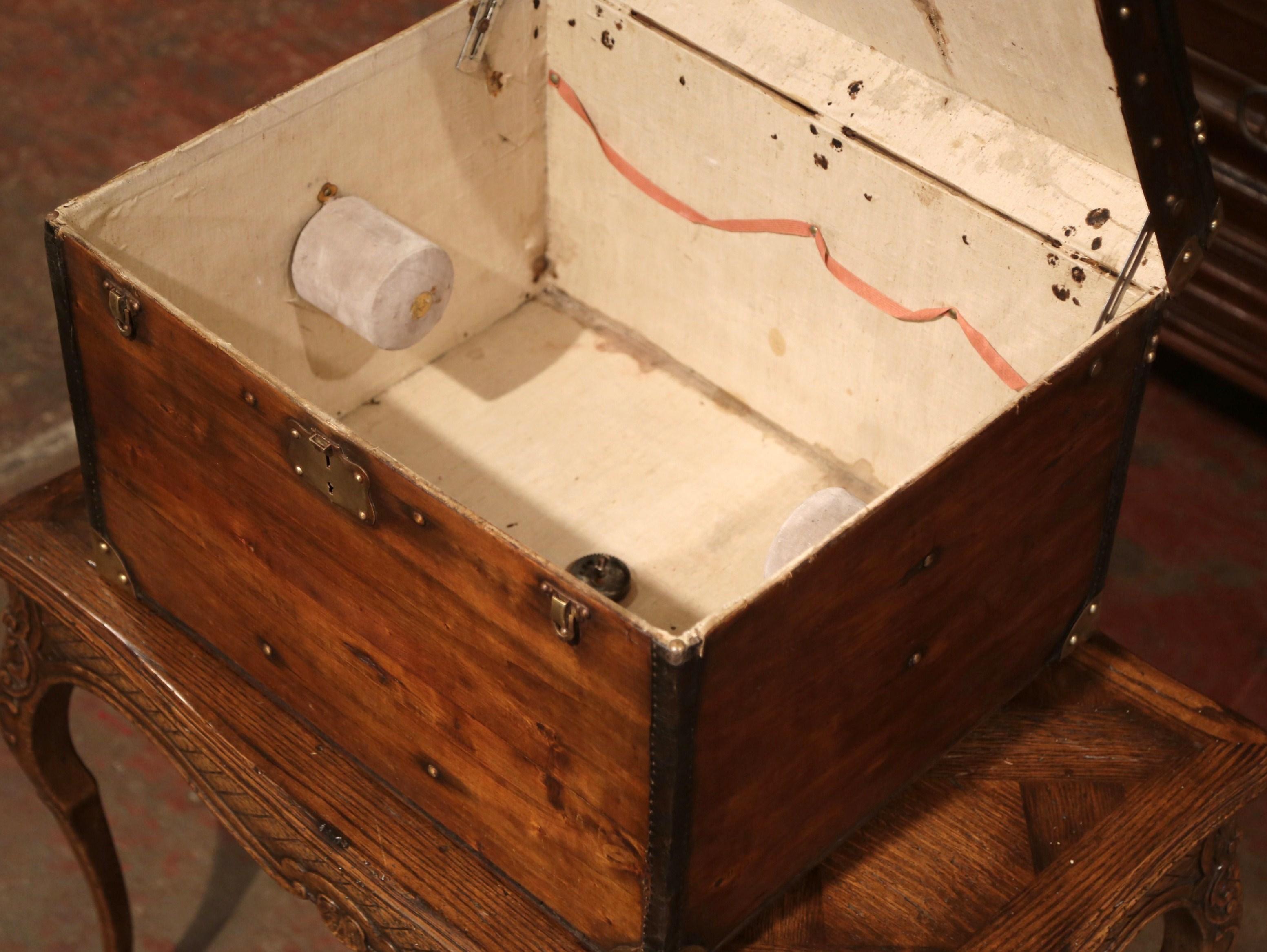 19th Century French Pine Leather and Brass Hat Trunk Luggage 1