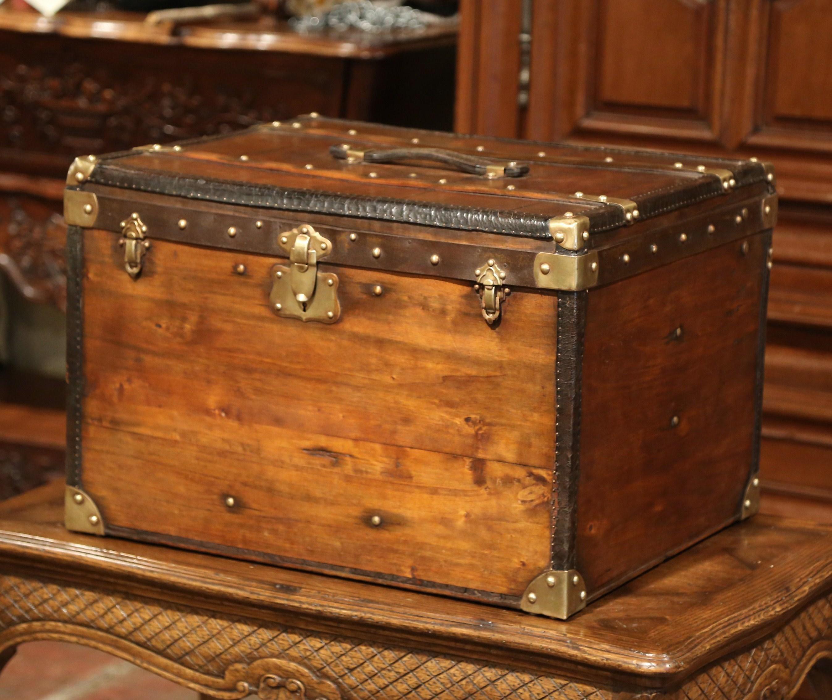 19th Century French Pine Leather and Brass Hat Trunk Luggage 3