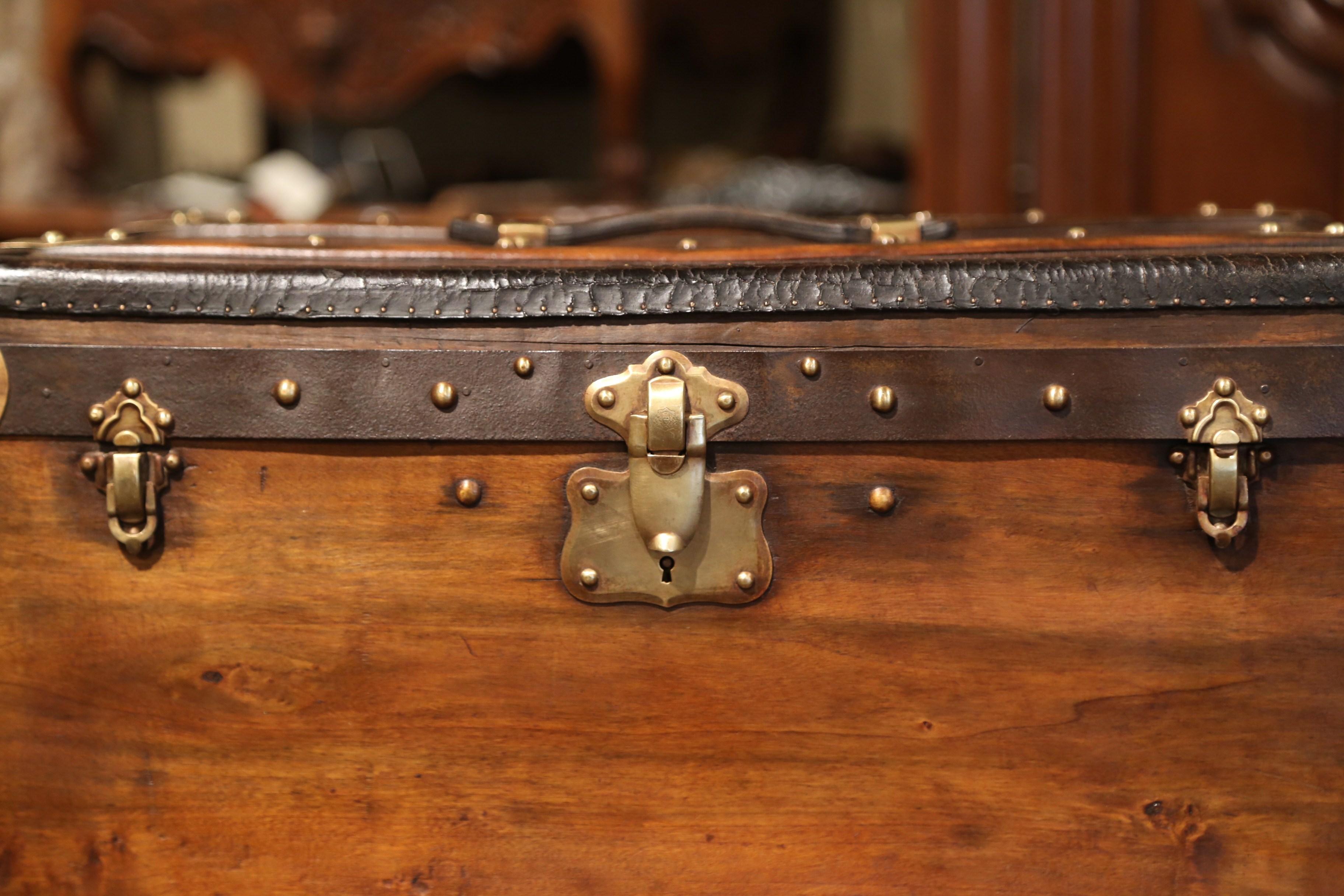 19th Century French Pine Leather and Brass Hat Trunk Luggage 4
