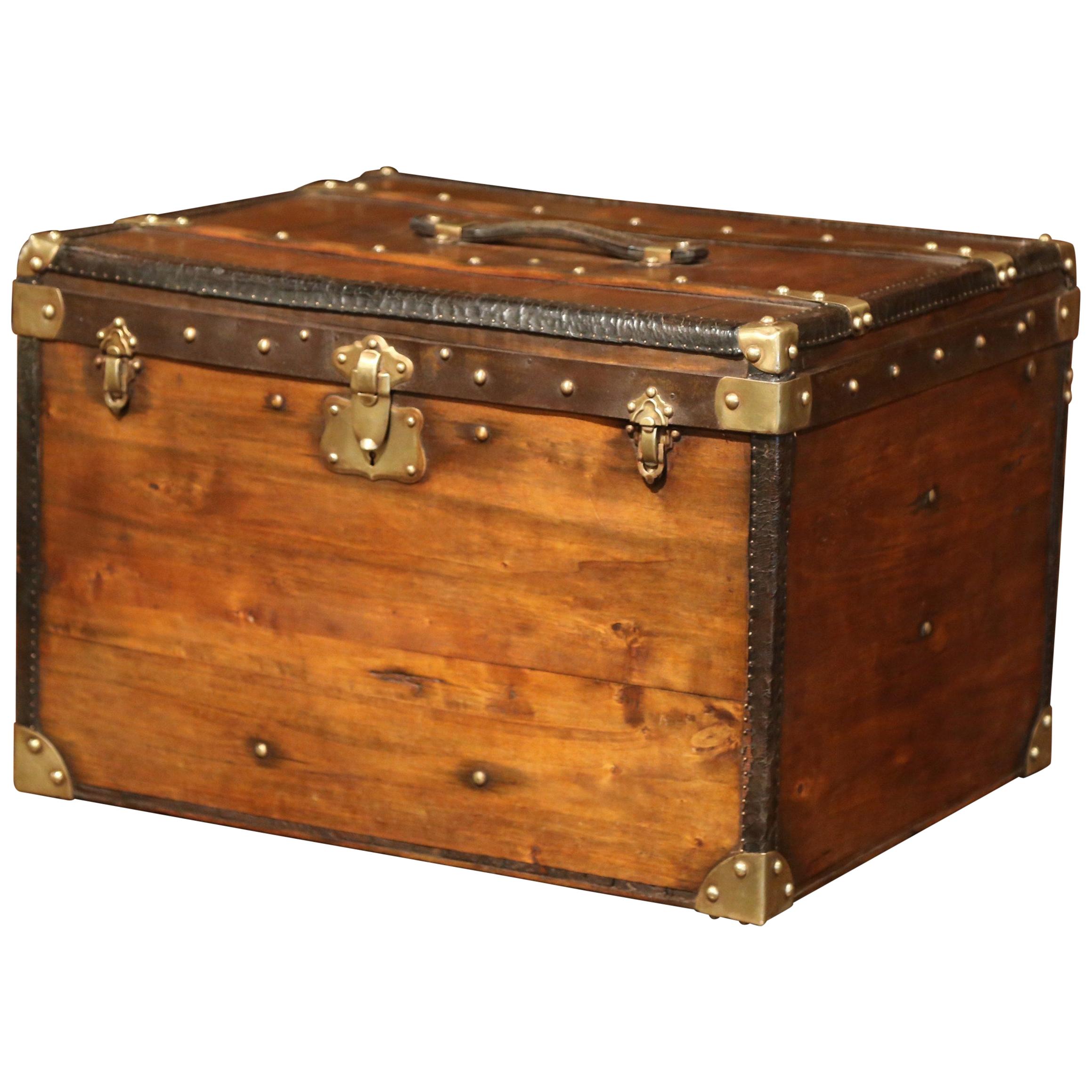 19th Century French Pine Leather and Brass Hat Trunk Luggage