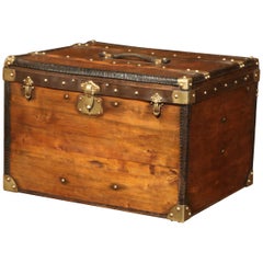 Antique 19th Century French Pine Leather and Brass Hat Trunk Luggage