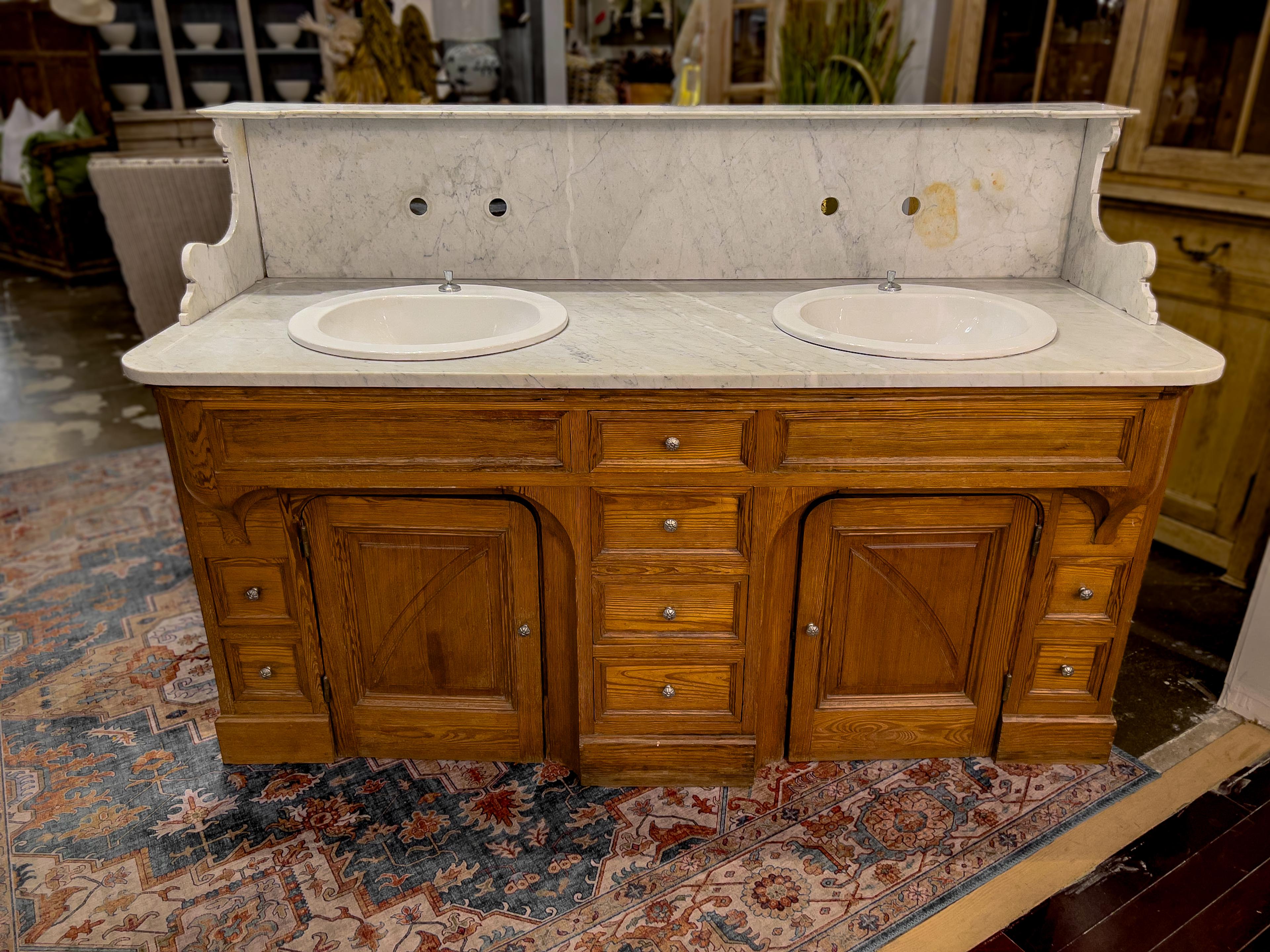 Arts and Crafts 19th Century French Pine Vanity with Double Sinks