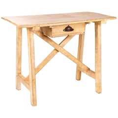 19th Century French Pinewood One Drawer Garden Table with Iron Handle