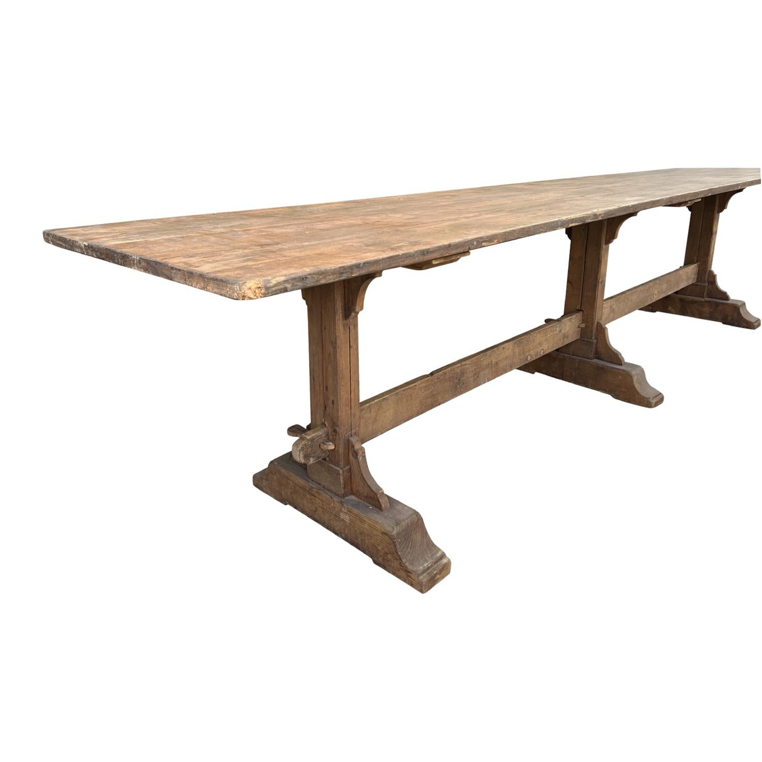 Hand-Carved 19th Century French Pinewood Trestle Table - Antique Dining Room Table For Sale