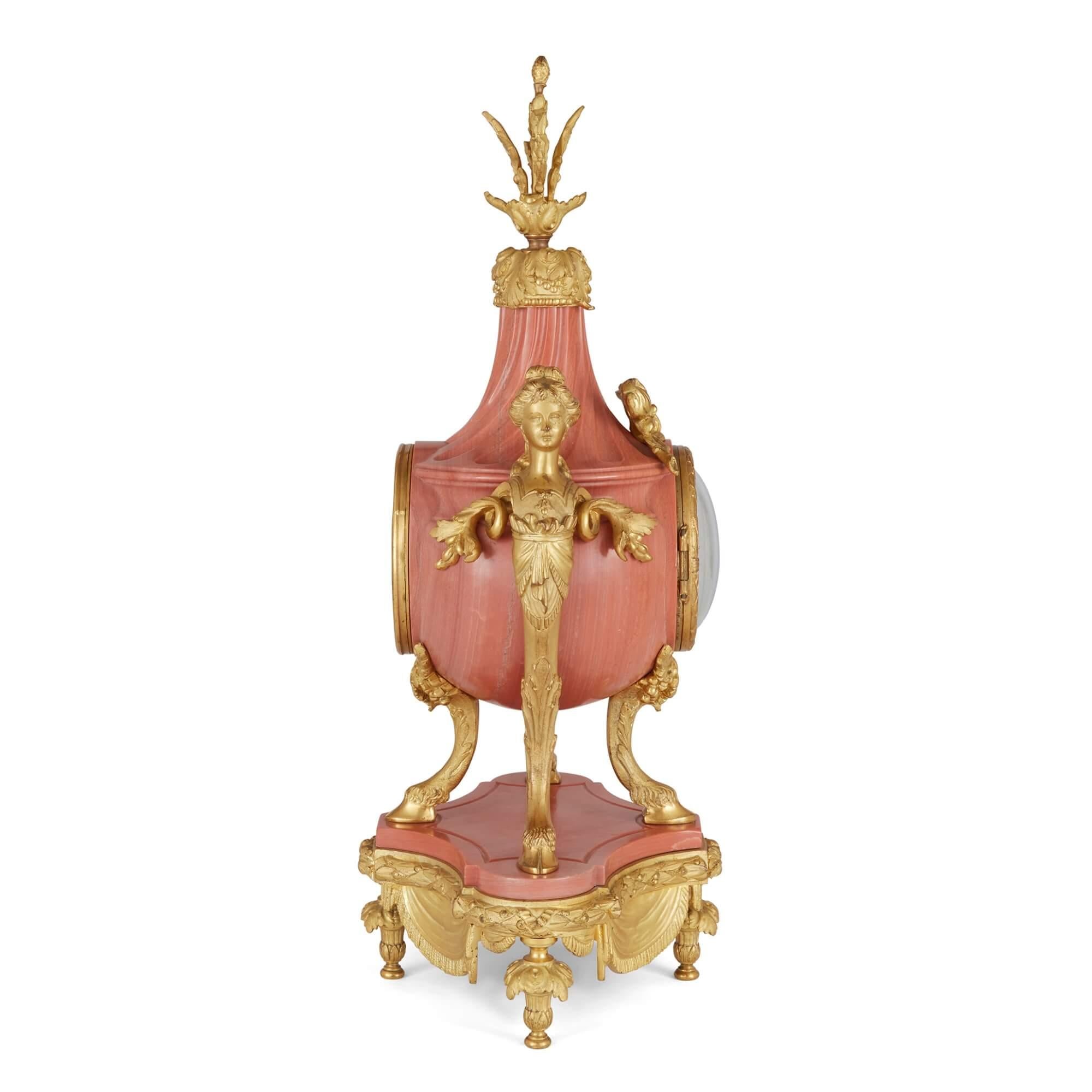 19th Century French Pink Marble and Ormolu Clock Set  In Good Condition For Sale In London, GB