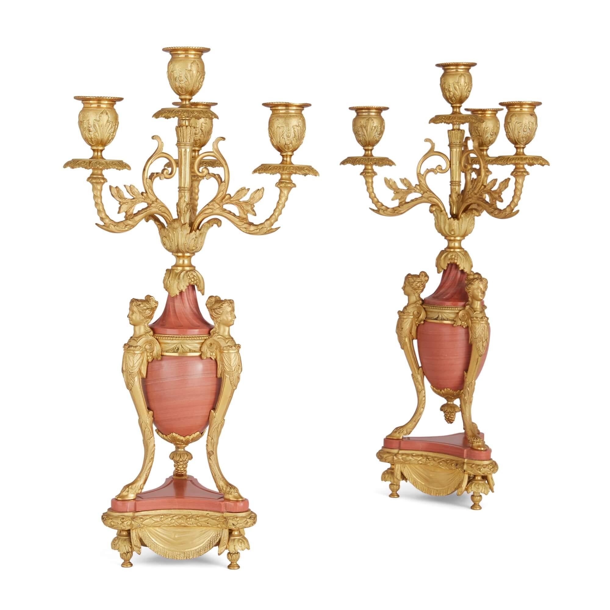 Brass 19th Century French Pink Marble and Ormolu Clock Set  For Sale