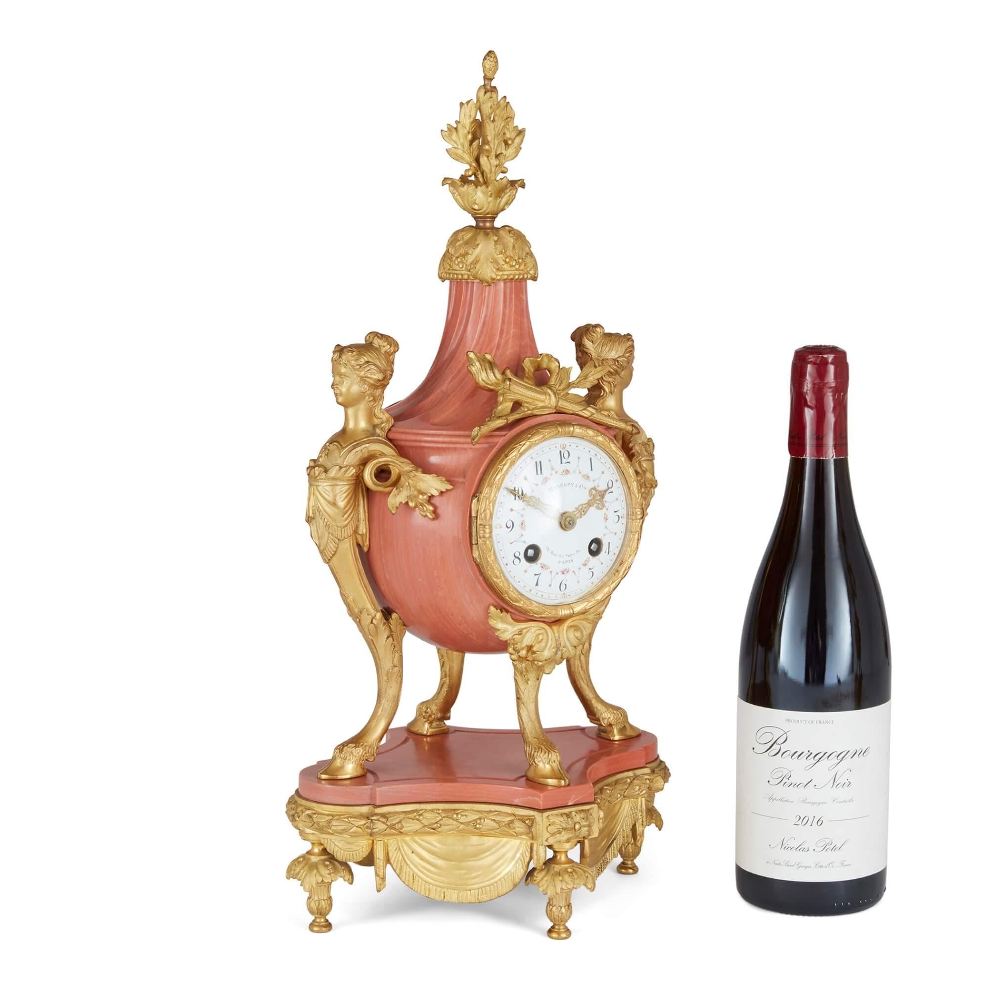 19th Century French Pink Marble and Ormolu Clock Set  For Sale 1