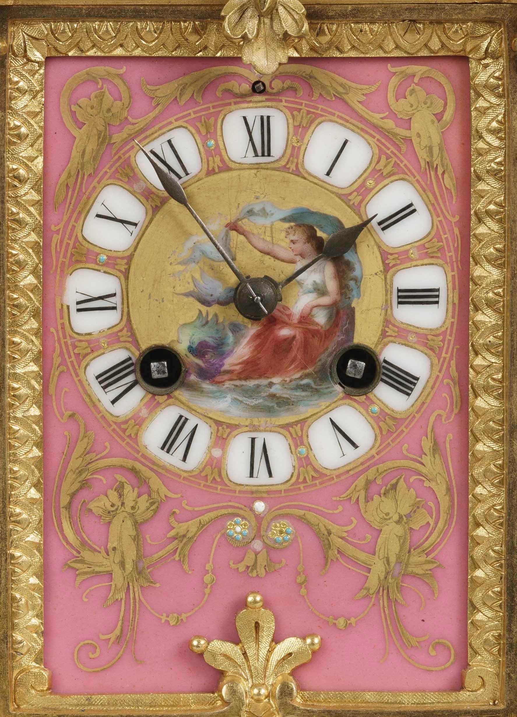 Doré Pendule en porcelaine rose du 19ème siècle par Japy Fréres dans le style Louis XVI en vente