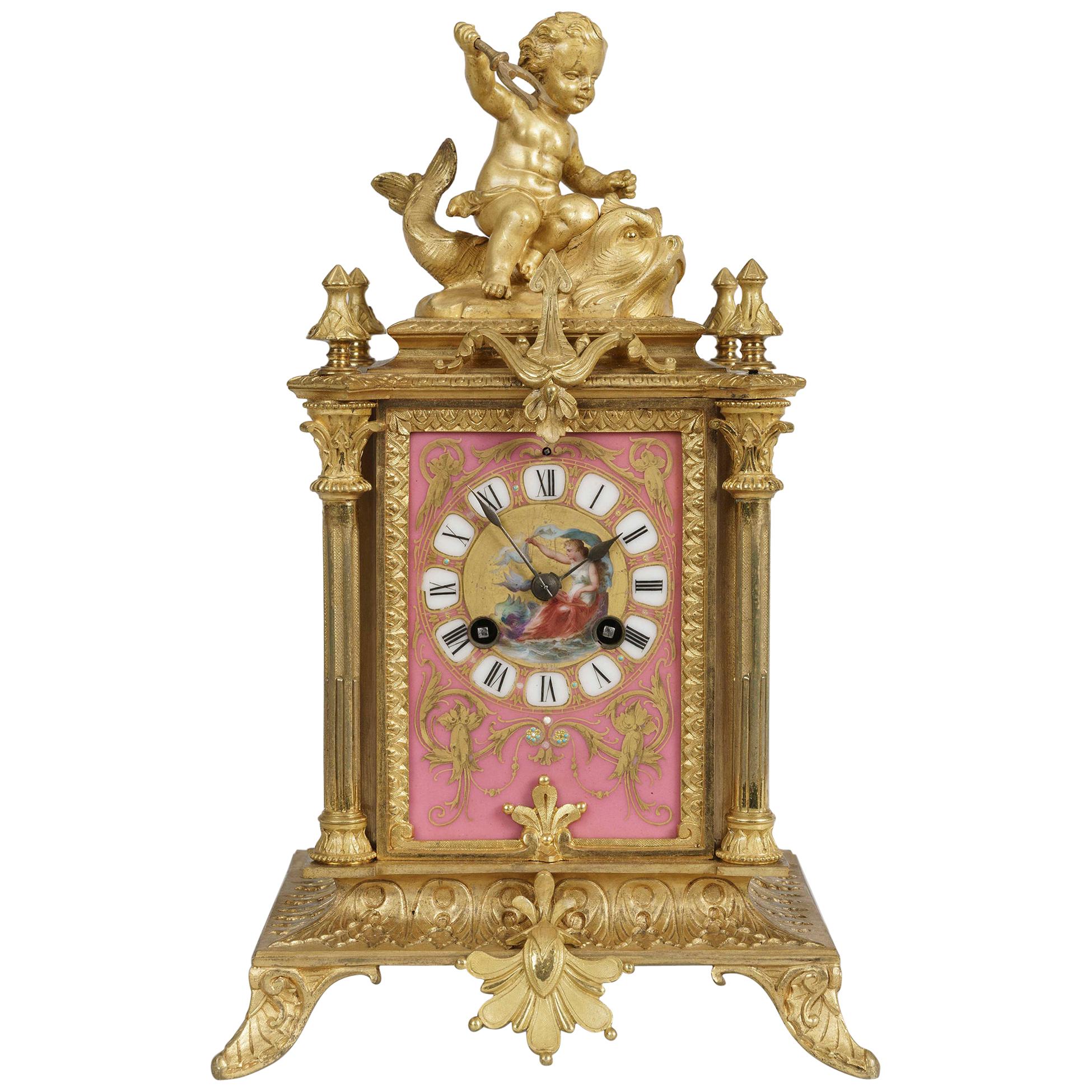 Pendule en porcelaine rose du 19ème siècle par Japy Fréres dans le style Louis XVI