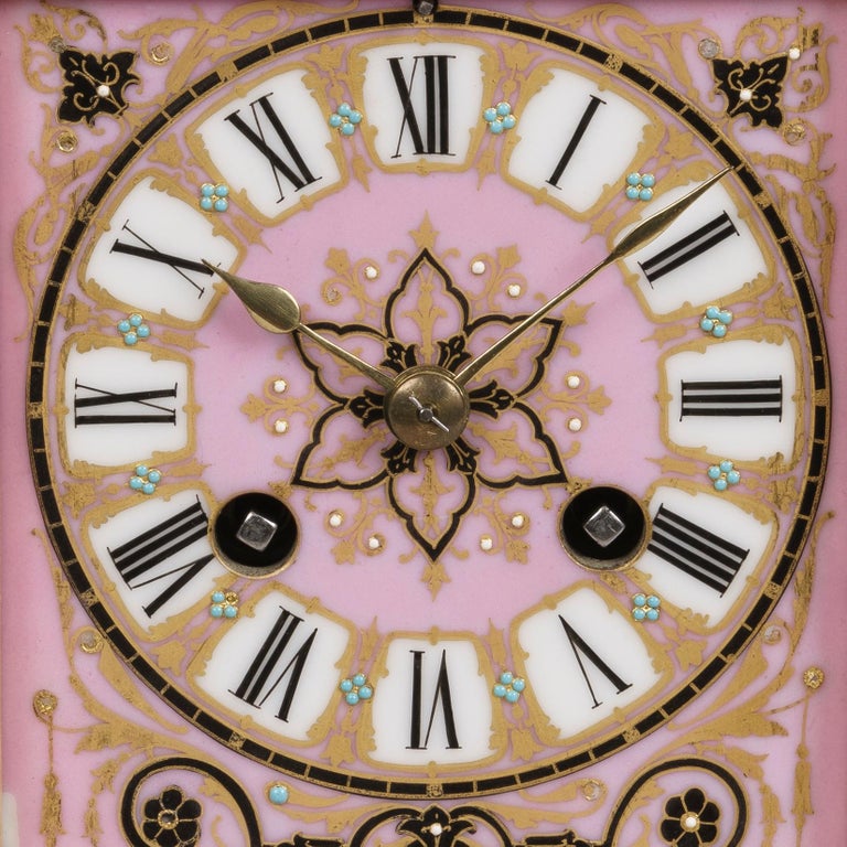 Louis XVI 19th Century French Pink Porcelain Clock with Romantic Emblems For Sale