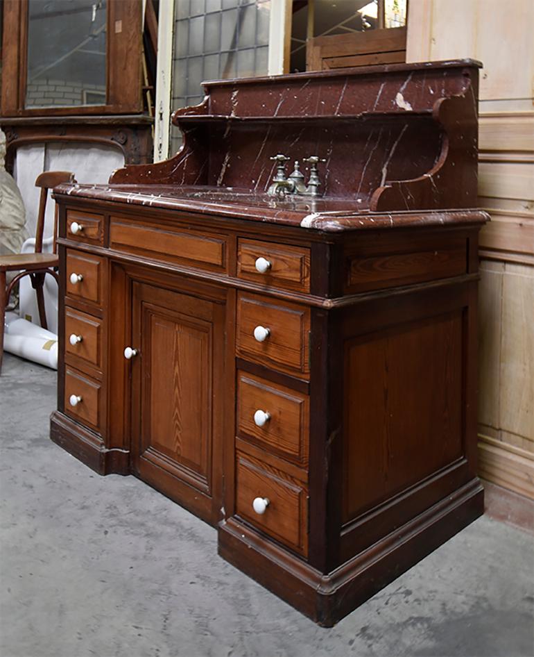 19th Century French Pitch Cupboard Sink with Marble Top 1