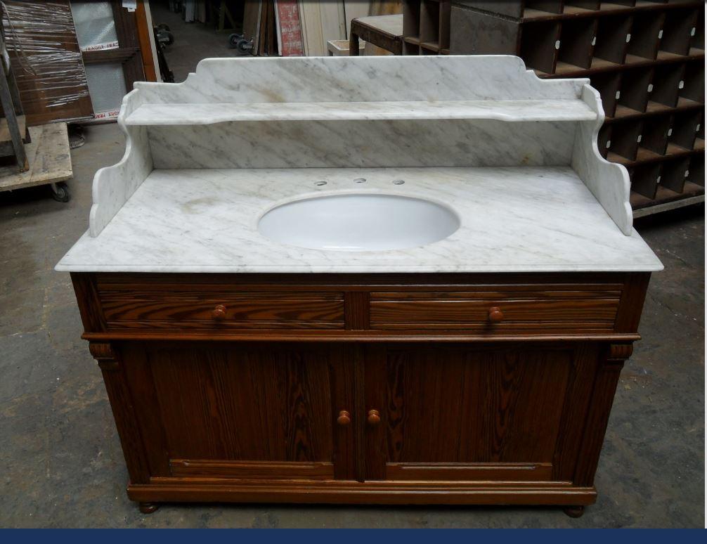 Victorian 19th Century French Pitch Pine Cupboard Sink with Carrara Marble Top, 1890s