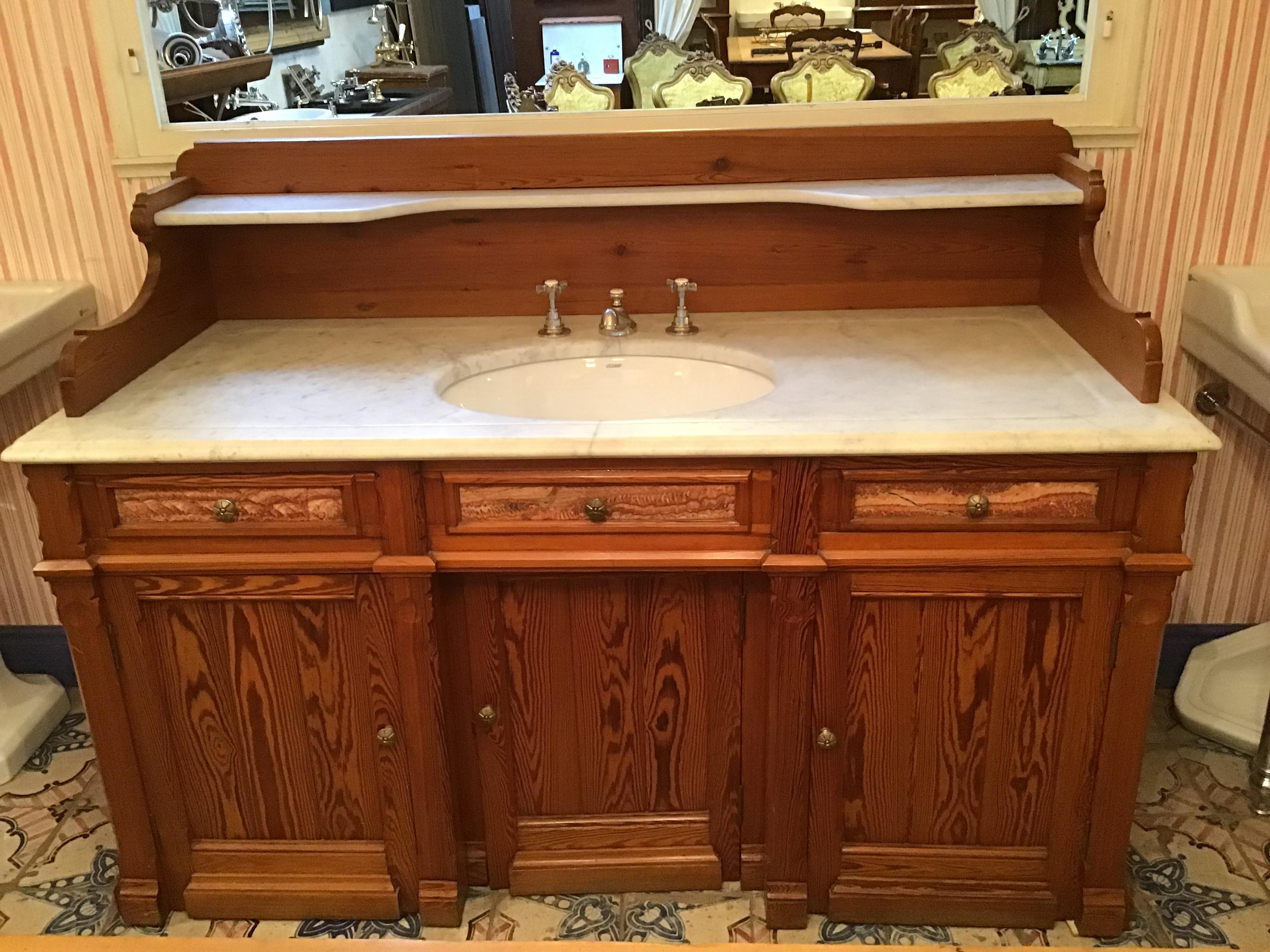 Victorian 19th Century French Pitch Pine Cupboard Sink with Marble Top, 1890s For Sale